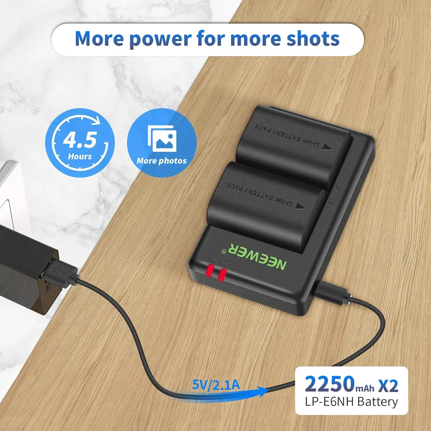 باتری قابل شارژ جایگزین NEEWER LP-E6NH سازگار با Canon EOS R7, EOS R5, EOS R6 R6 II, EOS R, 5D II III IV, 6D, 6D II, 7D, 7D II, 70D, 80D, 90D (بسته 2 عددی، درگاه Micro USB)