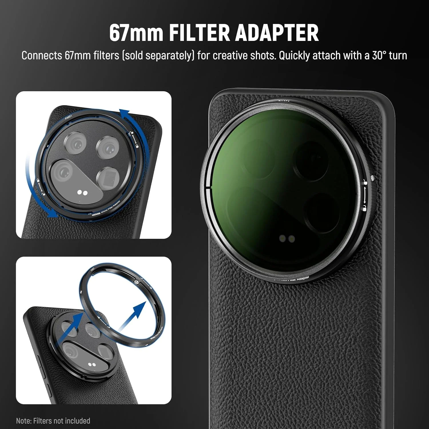 کیف محافظ NEEWER 14 Ultra، کیف محافظ سنگین با شارژ بی سیم، مانت لنز 17 میلی متری و آداپتور فیلتر 67 میلی متری، TPU + چرم مصنوعی PC، سازگار با Xiaomi 14 Ultra، PA051 مشکی