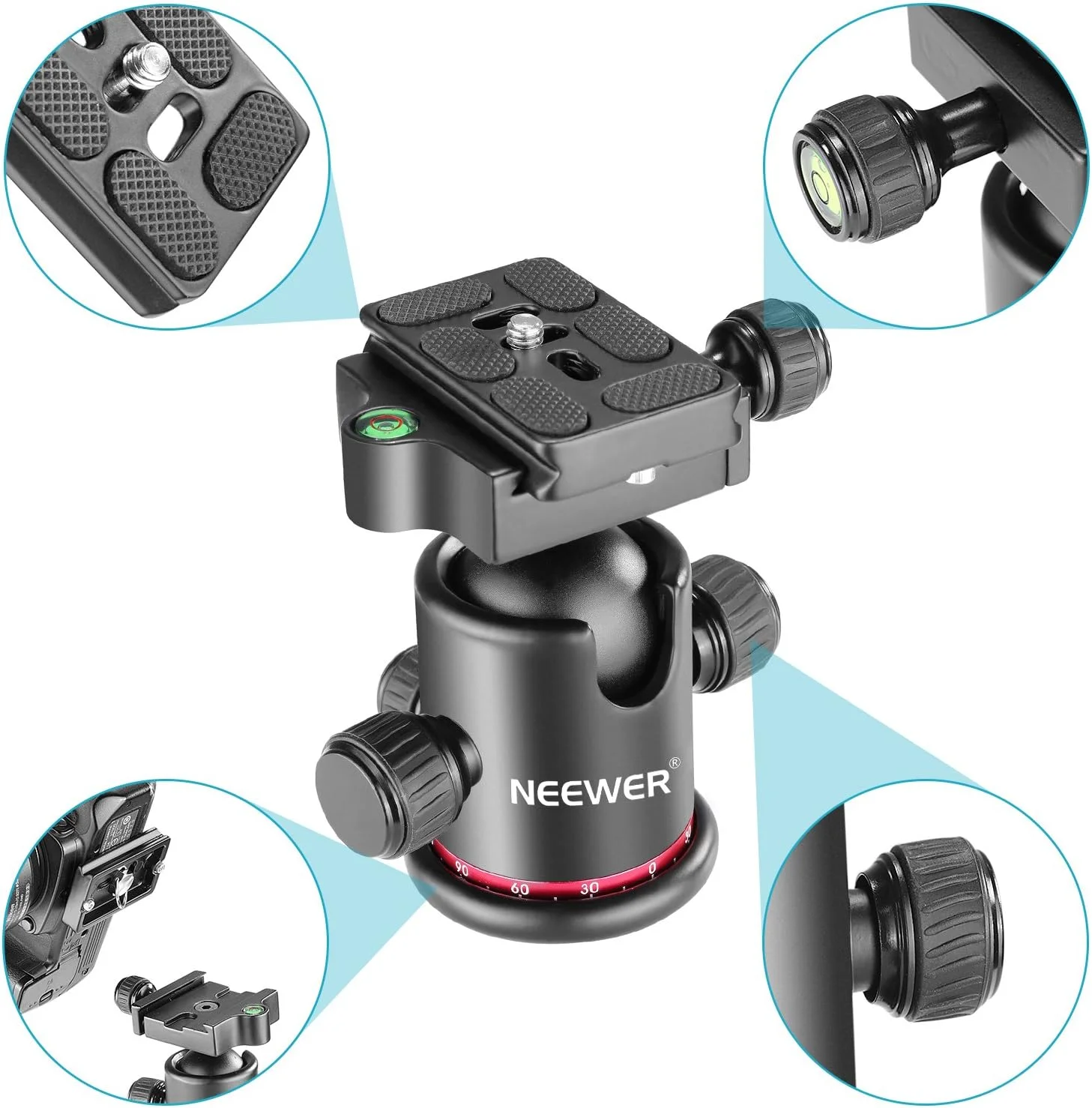 Neewer هد توپی پانورامای فلزی حرفه ای با قابلیت چرخش 360 درجه با صفحه کفشک سریع 1/4 اینچی و تراز حبابی، تا 8 کیلوگرم، برای سه پایه، تک پایه، اسلایدر، دوربین DSLR، دوربین فیلمبرداری