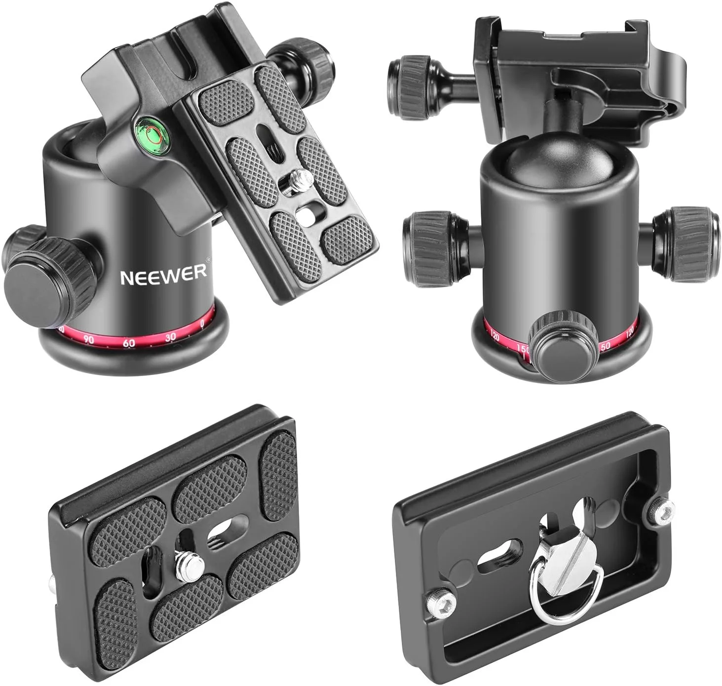 Neewer هد توپی پانورامای فلزی حرفه ای با قابلیت چرخش 360 درجه با صفحه کفشک سریع 1/4 اینچی و تراز حبابی، تا 8 کیلوگرم، برای سه پایه، تک پایه، اسلایدر، دوربین DSLR، دوربین فیلمبرداری