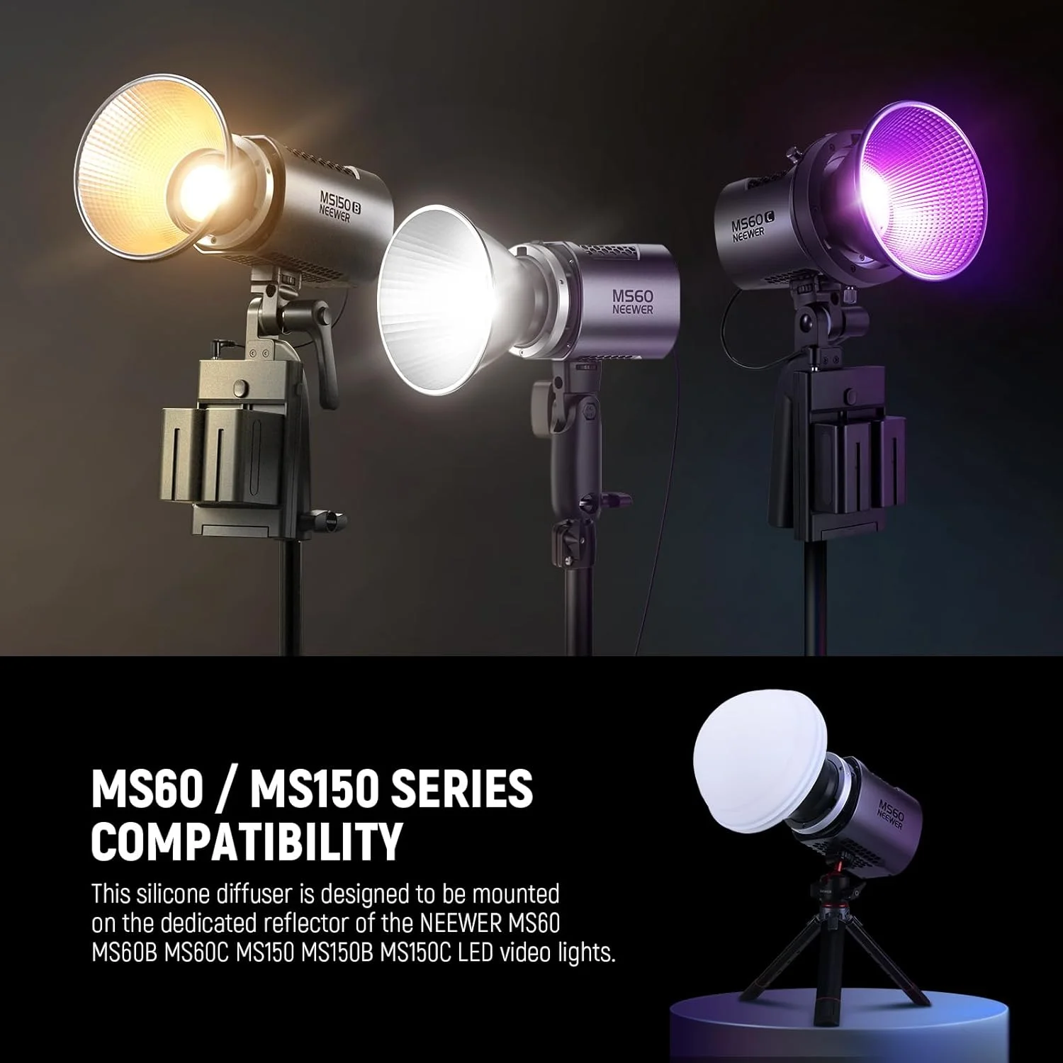 دیفیوزر نور COB نیور برای رفلکتور MS60/150، دیفیوزر سیلیکونی، لوازم جانبی نورپردازی ملایم برای رفلکتور اختصاصی چراغ های ویدئویی ال ای دی NEEWER MS60 MS60B MS60C MS150 MS150B MS150C، CRS8