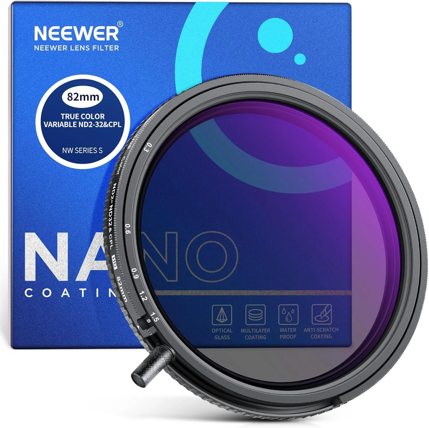 فیلتر ND2-ND32 متغیر رنگ واقعی 82 میلی‌متری NEEWER و فیلتر CPL، فیلتر پلاریزه دایره‌ای و چگالی خنثی قابل تنظیم 2 در 1، شیشه اپتیکال HD با پوشش چندگانه/فریم آلومینیومی/ضد آب/مقاوم در برابر خش