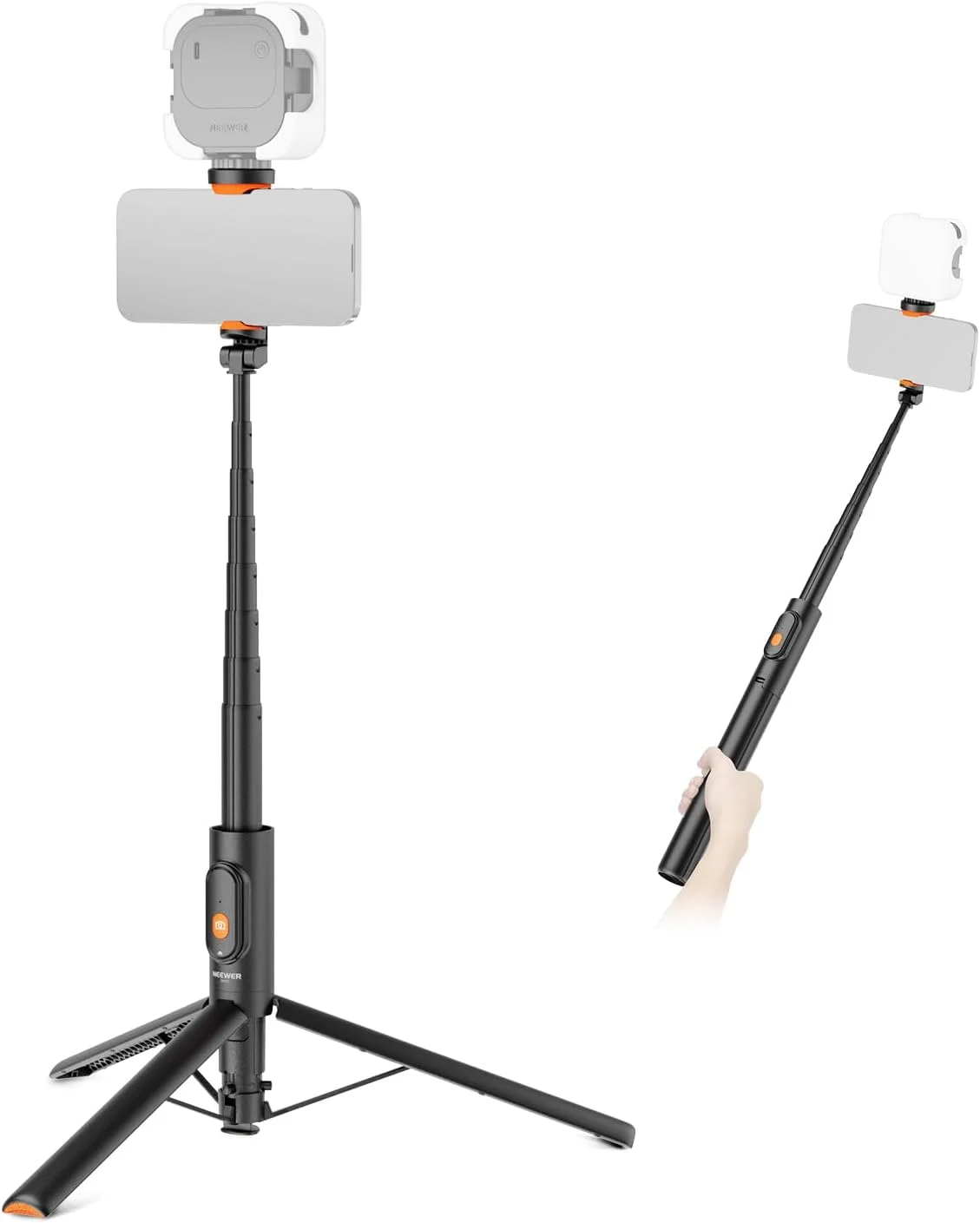 پایه سلفی و سه پایه 147 سانتی‌متری نیوئر سازگار با آیفون، سامسونگ و اندروید، پایه نگهدارنده گوشی فلزی سبک و قابل حمل با گیره نگهدارنده گوشی و ریموت برای ضبط فیلم و ویدیو، مدل PA992 مشکی