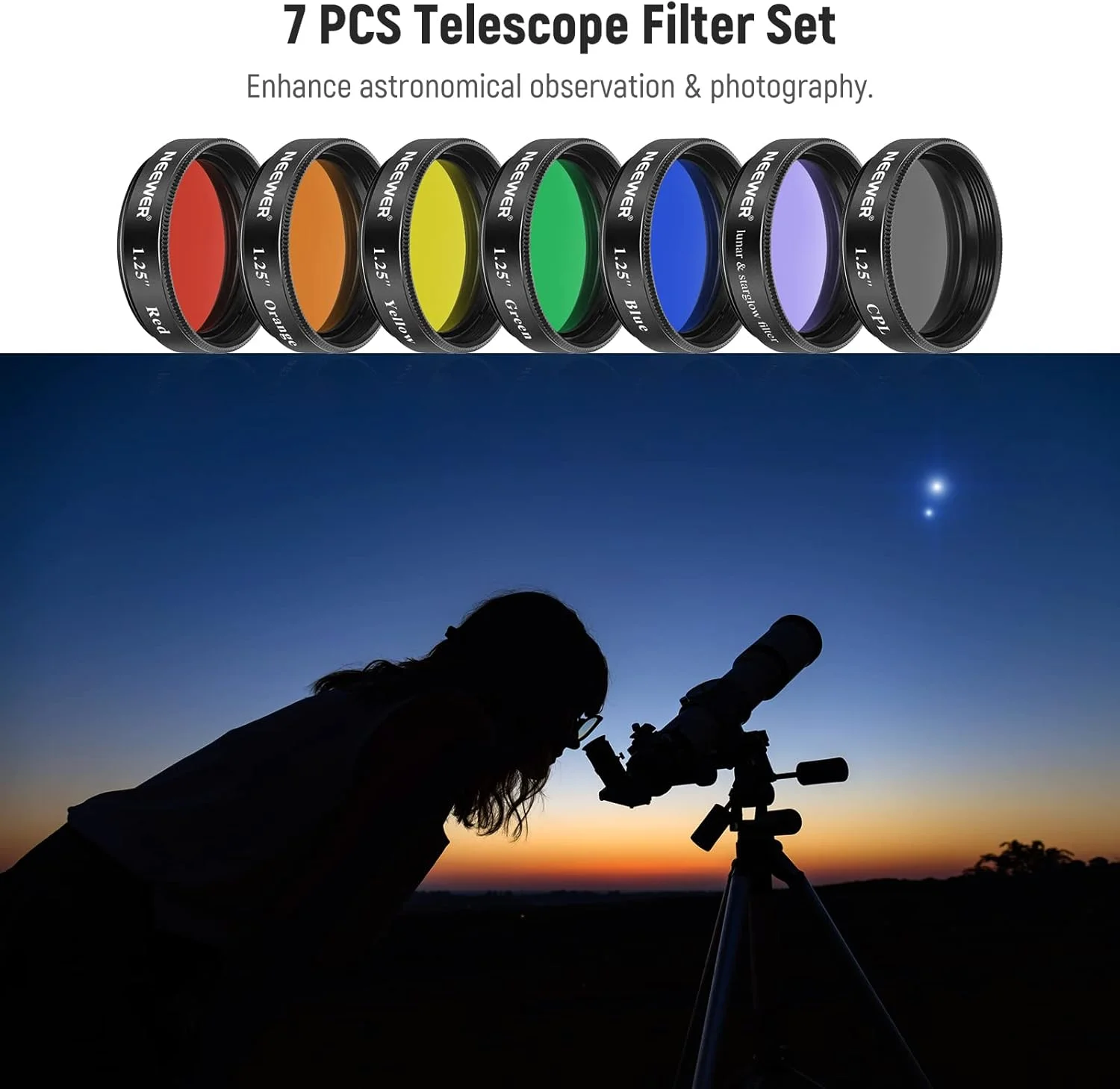 فیلتر ماه تلسکوپ 1.25 اینچی نیور، فیلتر CPL، مجموعه 5 فیلتر رنگی (قرمز، نارنجی، زرد، سبز، آبی)، فیلترهای چشمی برای افزایش وضوح و رزولوشن در رصد سیارات قمری فیلتر ماه تلسکوپ 1.25 اینچی نیور، فیلتر CPL، مجموعه 5 فیلتر رنگی (قرمز، نارنجی، زرد، سبز، آبی)، فیلترهای چشمی برای افزایش وضوح و رزولوشن در رصد سیارات قمری