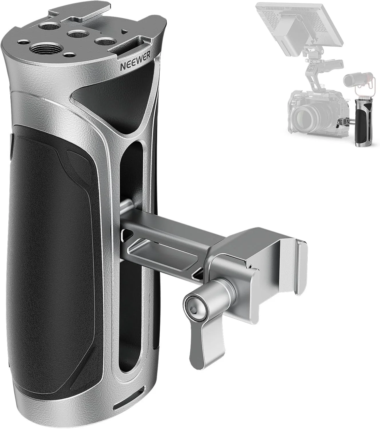 دسته جانبی NEEWER با گیره NATO، دسته جانبی آلیاژ آلومینیوم با رزوه های 1/4 اینچ و 3/8 اینچ، کفشک سرد، 5 سانتی متر تنظیم عمودی، سازگار با قفس دوربین SmallRig نقره ای CA125