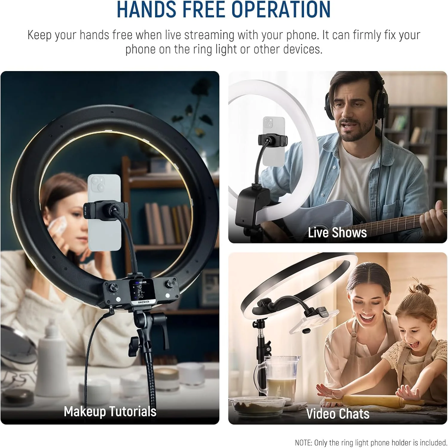 نگهدارنده انعطاف پذیر گوشی NEEWER با کفشک سرد برای رینگ لایت، چراغ ویدئویی LED، گیره تلفن همراه 360 درجه 6.5-9.5 سانتی متر، سازگار با آیفون 15 پرو مکس گلکسی S24 اولترا هواوی، SP-09
