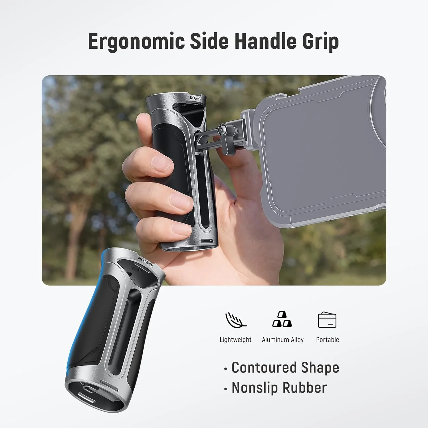 دسته جانبی NEEWER با گیره NATO، دسته جانبی آلیاژ آلومینیوم با رزوه های 1/4 اینچ و 3/8 اینچ، کفشک سرد، 5 سانتی متر تنظیم عمودی، سازگار با قفس دوربین SmallRig نقره ای CA125