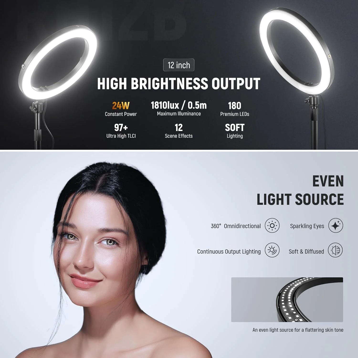 نور حلقه ای رومیزی 12 اینچی 24 واتی با قدرت بالا NEEWER به همراه پایه/نگهدارنده تلفن، نورپردازی LED برای کنفرانس ویدیویی سلفی برای آیفون، استریمینگ، آرایش، ضبط ولاگ، لپ تاپ، وب کم، تماس زوم، پادکست، RH12B