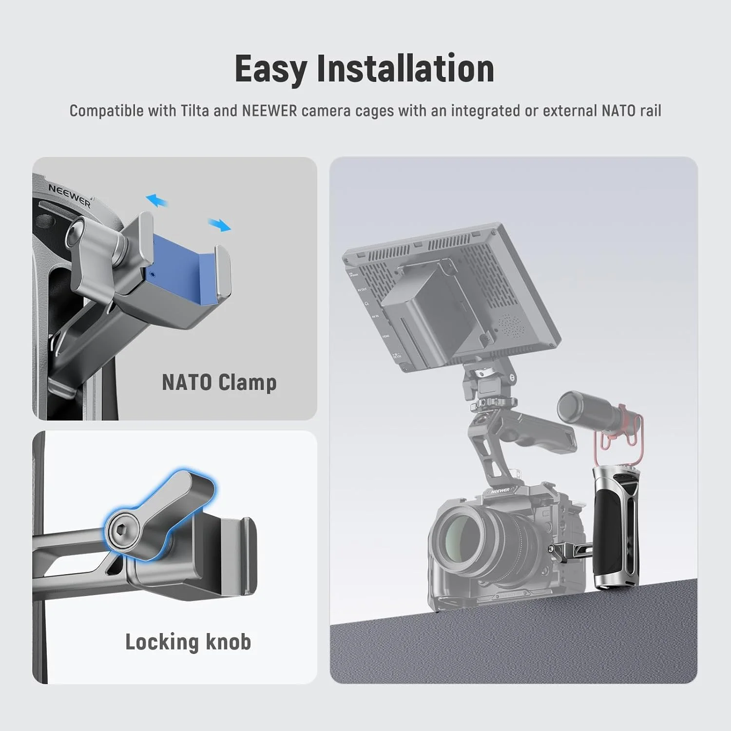 دسته جانبی NEEWER با گیره NATO، دسته جانبی آلیاژ آلومینیوم با رزوه های 1/4 اینچ و 3/8 اینچ، کفشک سرد، 5 سانتی متر تنظیم عمودی، سازگار با قفس دوربین SmallRig نقره ای CA125