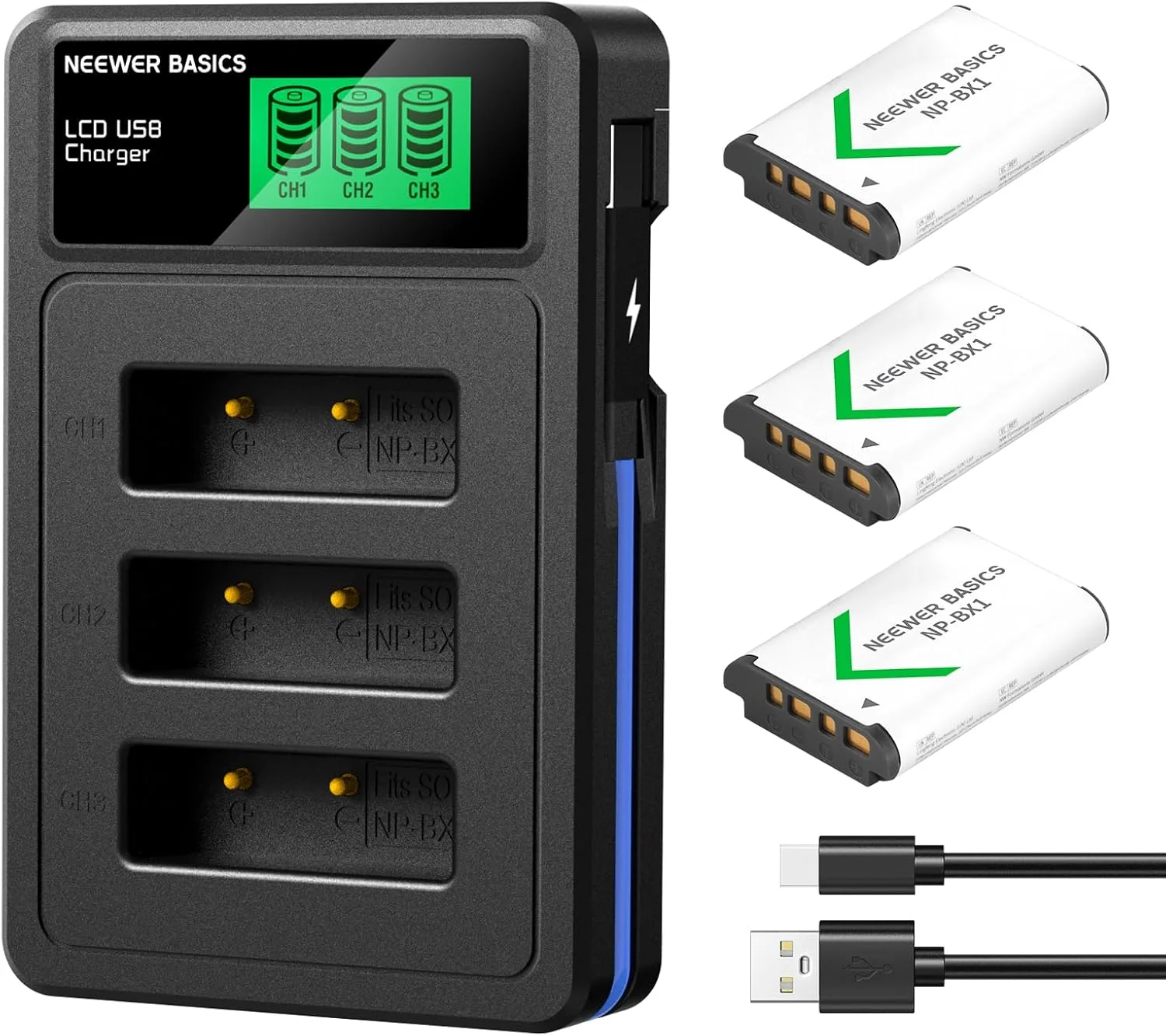 مجموعه 3 عددی باتری جایگزین NP-BX1 نیوئر با شارژر سه گانه USB، منبع تغذیه پشتیبان دوربین 1090mAh سازگار با Sony ZV1 ZV-1 II Cybershot RX100 RX100II RX100M II HDR-AS15 HDR-AS30 مجموعه 3 عددی باتری جایگزین NP-BX1 نیوئر با شارژر سه گانه USB، منبع تغذیه پشتیبان دوربین 1090mAh سازگار با Sony ZV1 ZV-1 II Cybershot RX100 RX100II RX100M II HDR-AS15 HDR-AS30