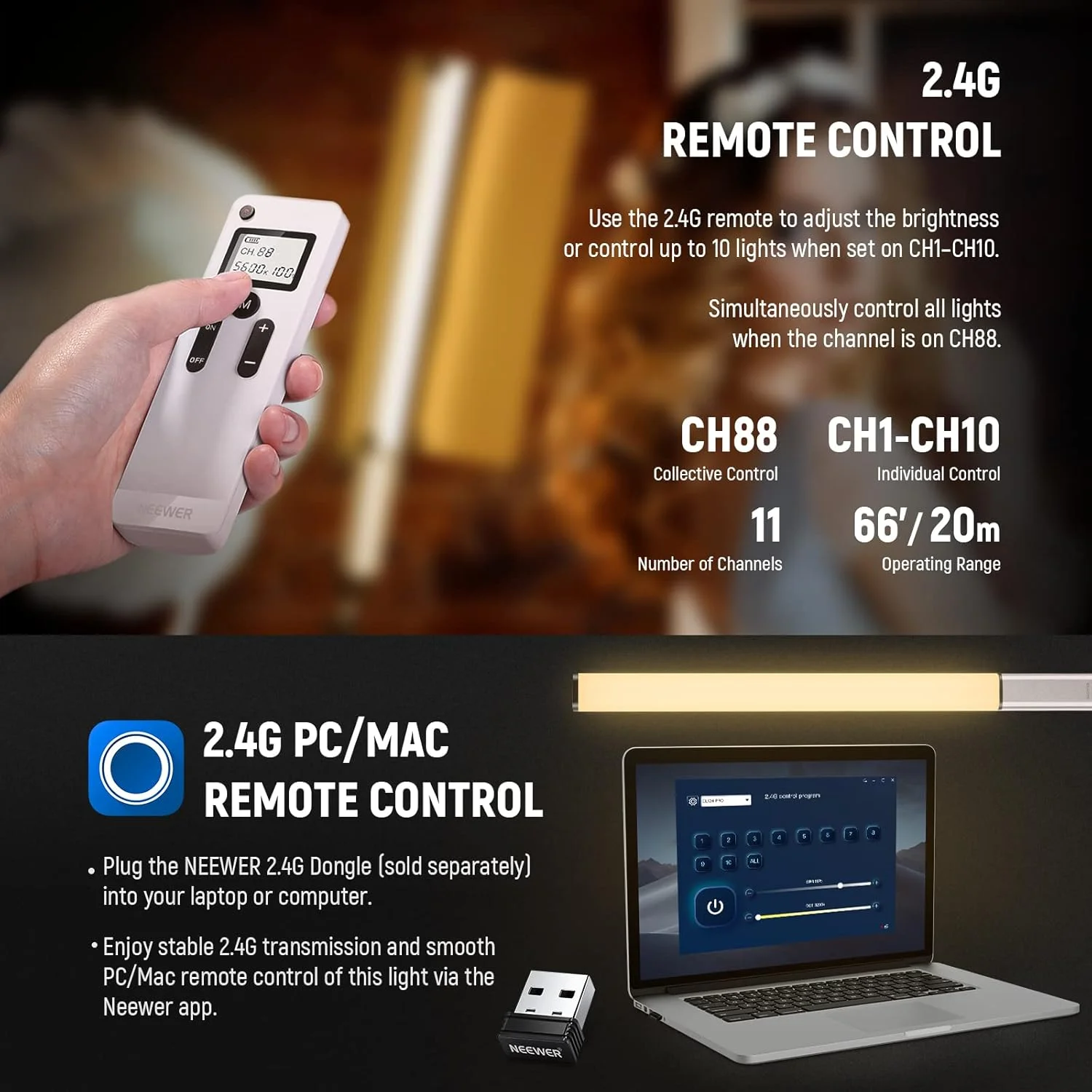 چراغ LED دستی NEEWER CL124 PRO، میله چراغ ویدئویی دو رنگ با کنترل 2.4G، باتری ارتقا یافته 7.4V 3200mAh، نورپردازی لوله ای عکاسی 1500Lux CRI97+ 3200K-5600K با بارندور فلزی