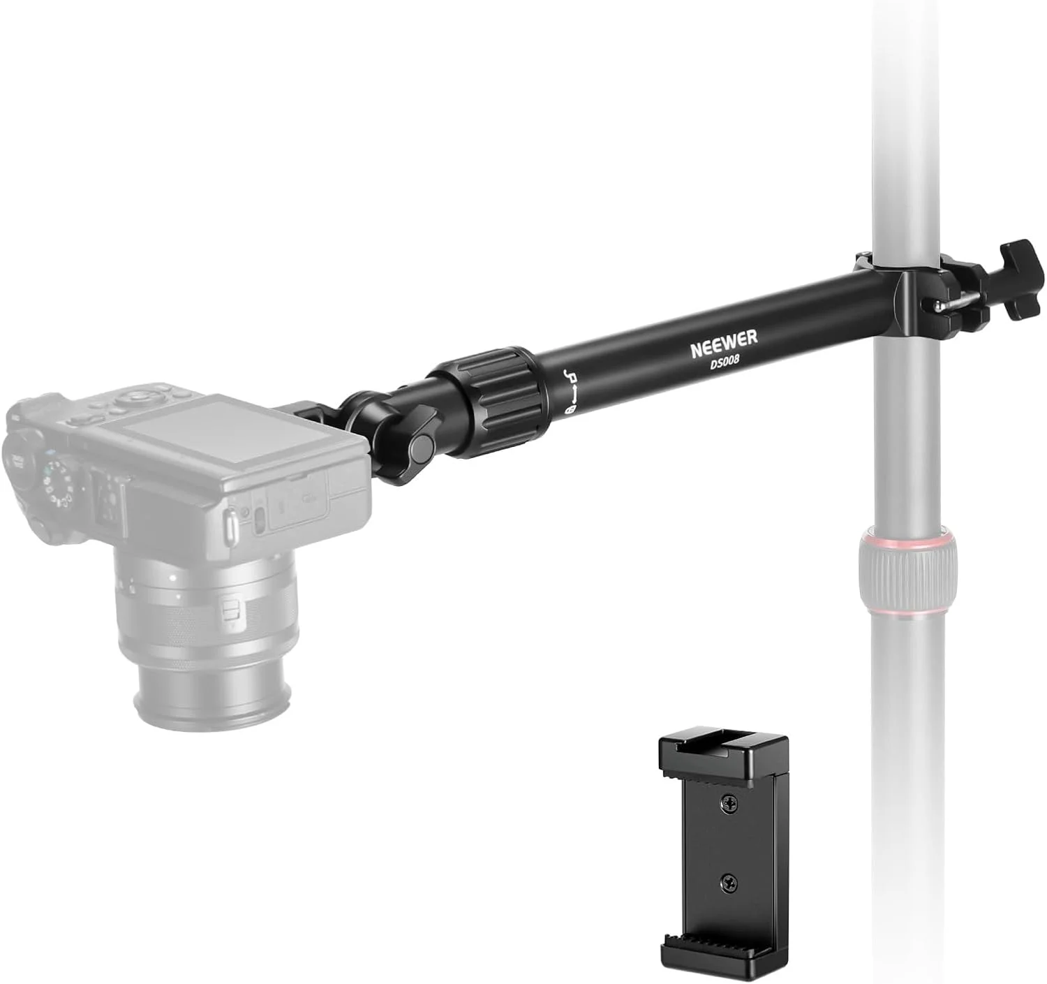 بازوی نگهدارنده دوربین بالای سر NEEWER با گیره، 28 سانتی متر با قابلیت چرخش 180 و 360 درجه، مناسب لوله های 2.2 تا 2.8 سانتی متر، ظرفیت بارگیری 2.5 کیلوگرم برای دوربین، نور حلقه ای LED، میکروفون، مدل DS008