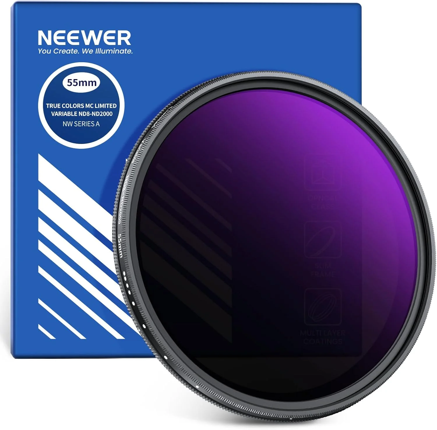 فیلتر ND متغیر 55 میلی‌متری NEEWER (ND8-2000)، رنگ واقعی و توقف سخت، فیلتر لنز با چگالی خنثی محدود قابل تنظیم 3-11 استاپ برای دوربین‌های DSLR بدون آینه، شیشه نوری چند لایه، قاب آلومینیومی باریک