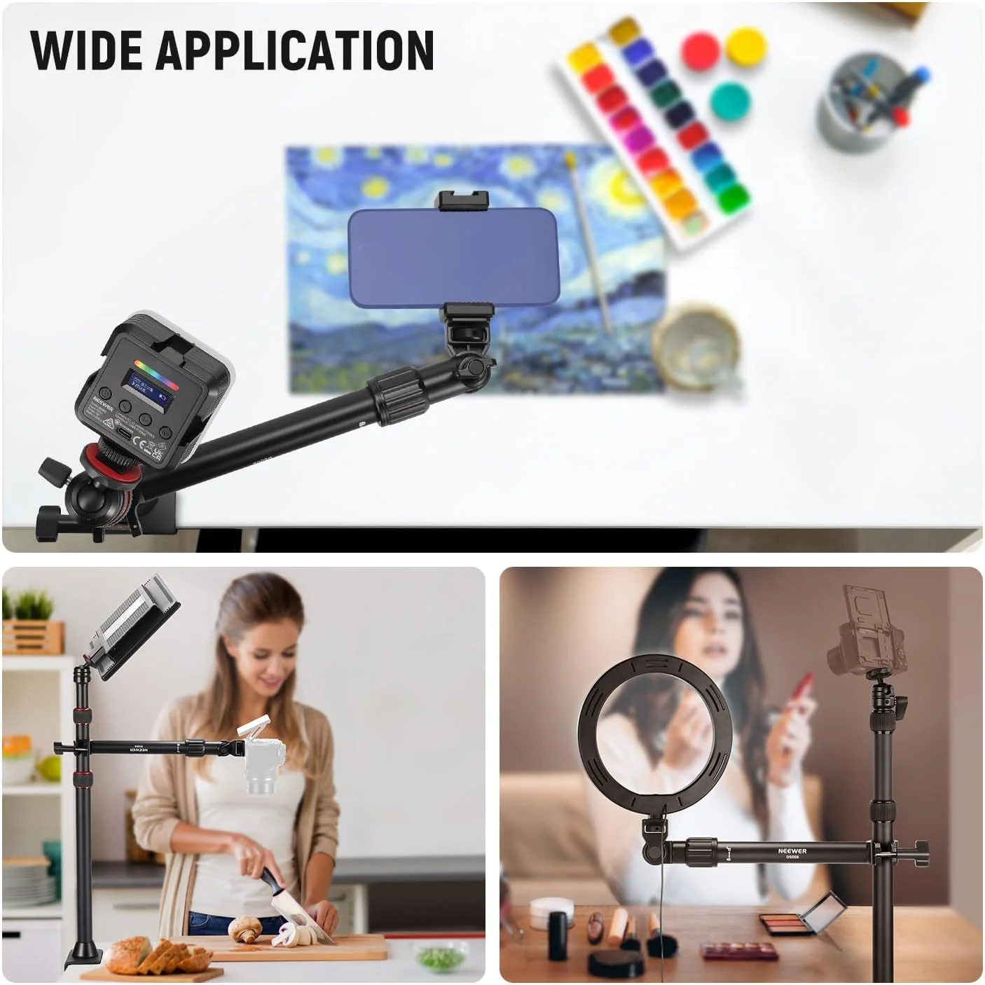 بازوی نگهدارنده دوربین بالای سر NEEWER با گیره، 28 سانتی متر با قابلیت چرخش 180 و 360 درجه، مناسب لوله های 2.2 تا 2.8 سانتی متر، ظرفیت بارگیری 2.5 کیلوگرم برای دوربین، نور حلقه ای LED، میکروفون، مدل DS008