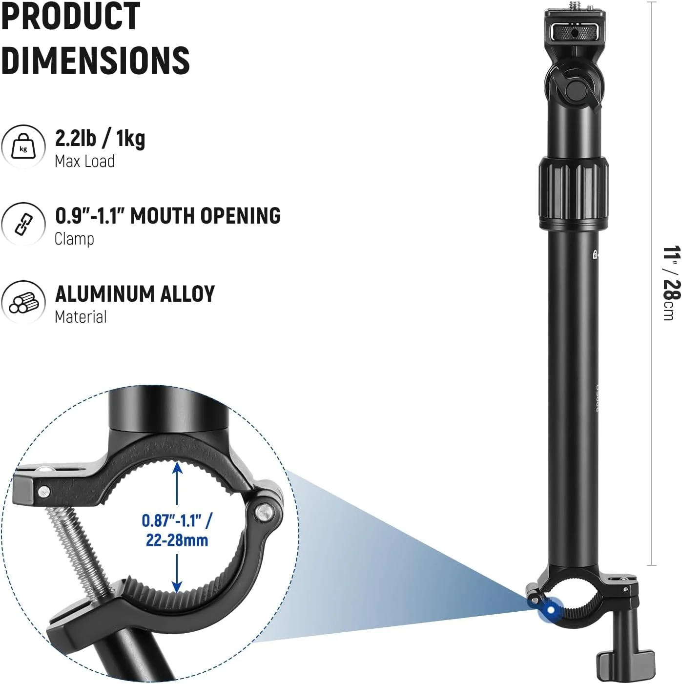 بازوی نگهدارنده دوربین بالای سر NEEWER با گیره، 28 سانتی متر با قابلیت چرخش 180 و 360 درجه، مناسب لوله های 2.2 تا 2.8 سانتی متر، ظرفیت بارگیری 2.5 کیلوگرم برای دوربین، نور حلقه ای LED، میکروفون، مدل DS008
