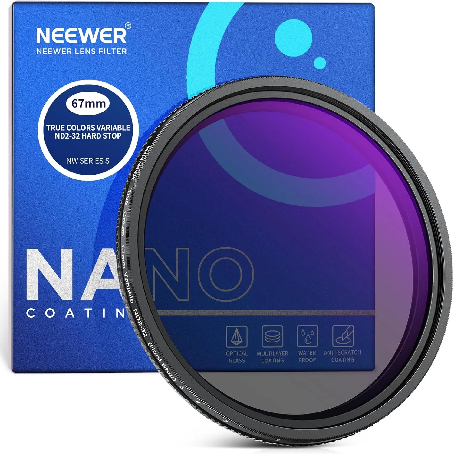 فیلتر ND متغیر NEEWER 67mm با توقف سخت و رنگ واقعی ND2-32 (1-5 استاپ)، فیلتر کاهنده نور محدود، شیشه اپتیکال HD چند لایه/بدون ضربدر X/فریم آلومینیومی/ضد آب/مقاوم در برابر خش
