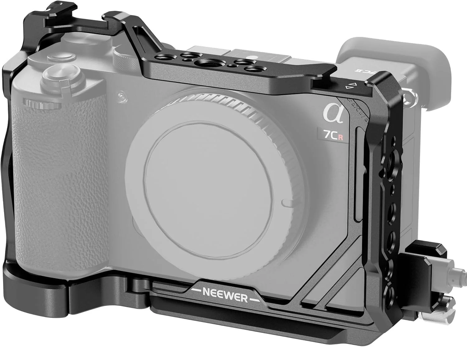 محافظ دوربین NEEWER مدل CA050 مشکی، سازگار با Sony A7C II A7CR، ریگ آلومینیومی فیلمبرداری با پایه QR Arca Type ضد لغزش، سازگار با گیمبال DJI RS، بست کابل HDMI، ریل NATO، کفشک سرد، رزوه 3/8 اینچ ARRI 1/4 اینچ