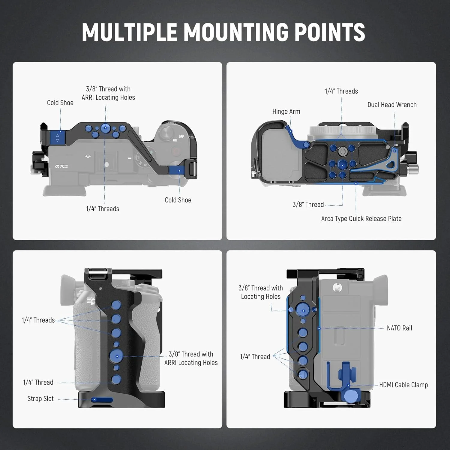 محافظ دوربین NEEWER مدل CA050 مشکی، سازگار با Sony A7C II A7CR، ریگ آلومینیومی فیلمبرداری با پایه QR Arca Type ضد لغزش، سازگار با گیمبال DJI RS، بست کابل HDMI، ریل NATO، کفشک سرد، رزوه 3/8 اینچ ARRI 1/4 اینچ محافظ دوربین NEEWER مدل CA050 مشکی، سازگار با Sony A7C II A7CR، ریگ آلومینیومی فیلمبرداری با پایه QR Arca Type ضد لغزش، سازگار با گیمبال DJI RS، بست کابل HDMI، ریل NATO، کفشک سرد، رزوه 3/8 اینچ ARRI 1/4 اینچ