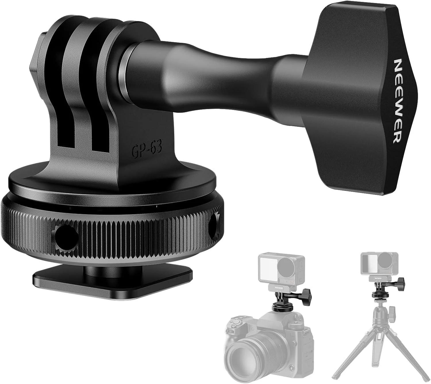 آداپتور پایه کفشک سرد دوربین اکشن NEEWER، سازگار با لوازم جانبی GoPro DJI Insta360 AKASO، نگهدارنده کفشک گرم فلزی با رزوه 1/4 اینچ برای مینی سه پایه و مونوپاد، چرخش 180 درجه، GP-63