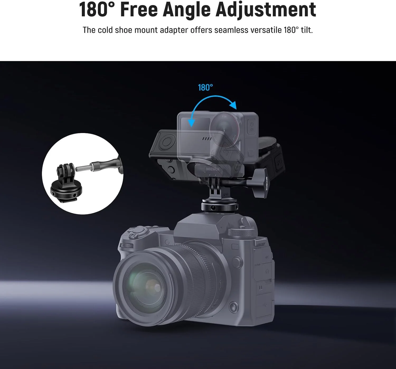 آداپتور پایه کفشک سرد دوربین اکشن NEEWER، سازگار با لوازم جانبی GoPro DJI Insta360 AKASO، نگهدارنده کفشک گرم فلزی با رزوه 1/4 اینچ برای مینی سه پایه و مونوپاد، چرخش 180 درجه، GP-63