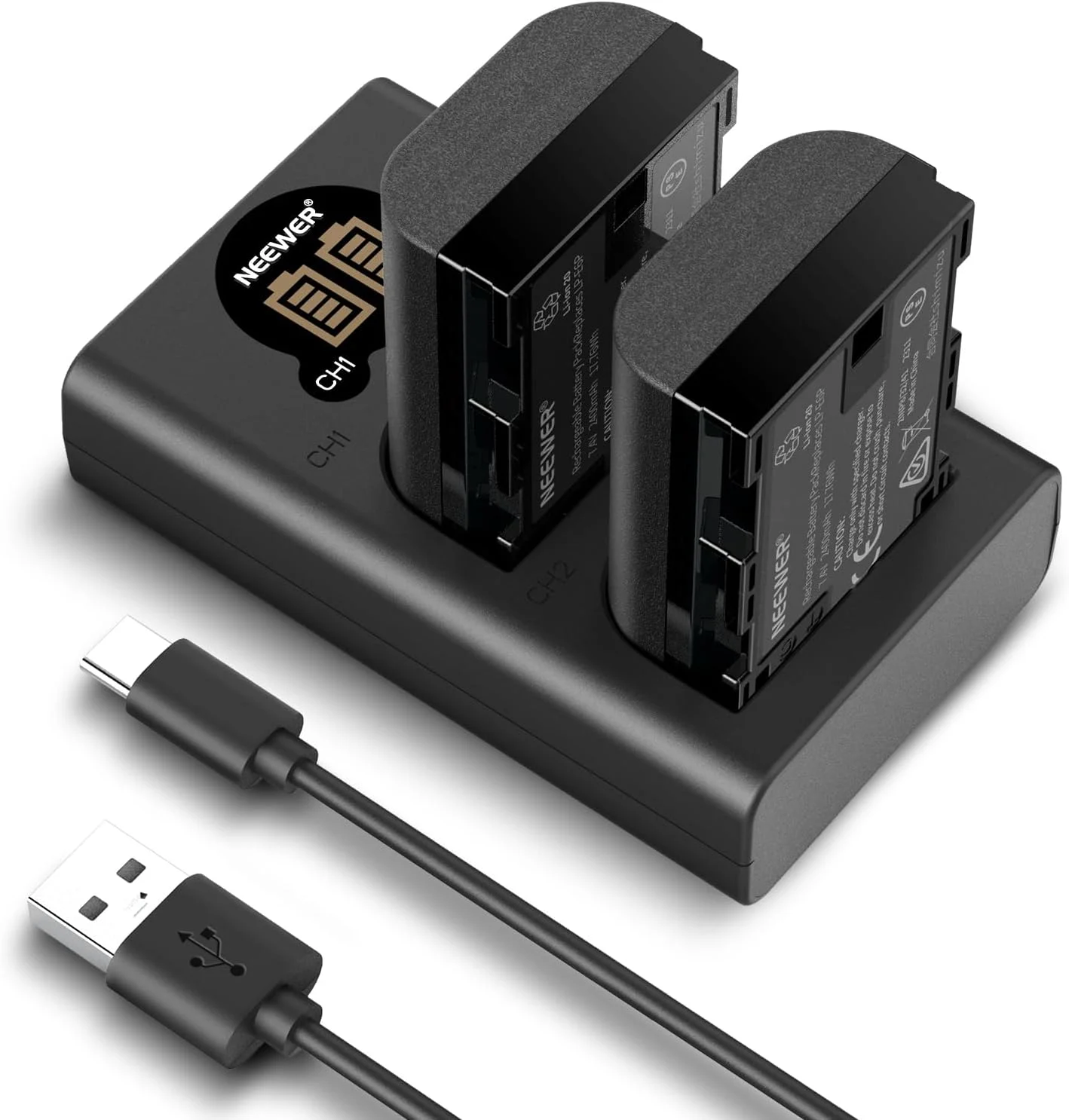 NEEWER بسته 2 عددی باتری جایگزین 2400mAh LP-E6P/LP-E6NH/LP-E6N/LP-E6 و شارژر دوگانه USB عمودی با LCD برای EOS R5 Mark II EOS R5 EOS R6 EOS R7 EOS R 5D II III IV 6D 6D II 7D 7D II 60D 70D 80D 90D