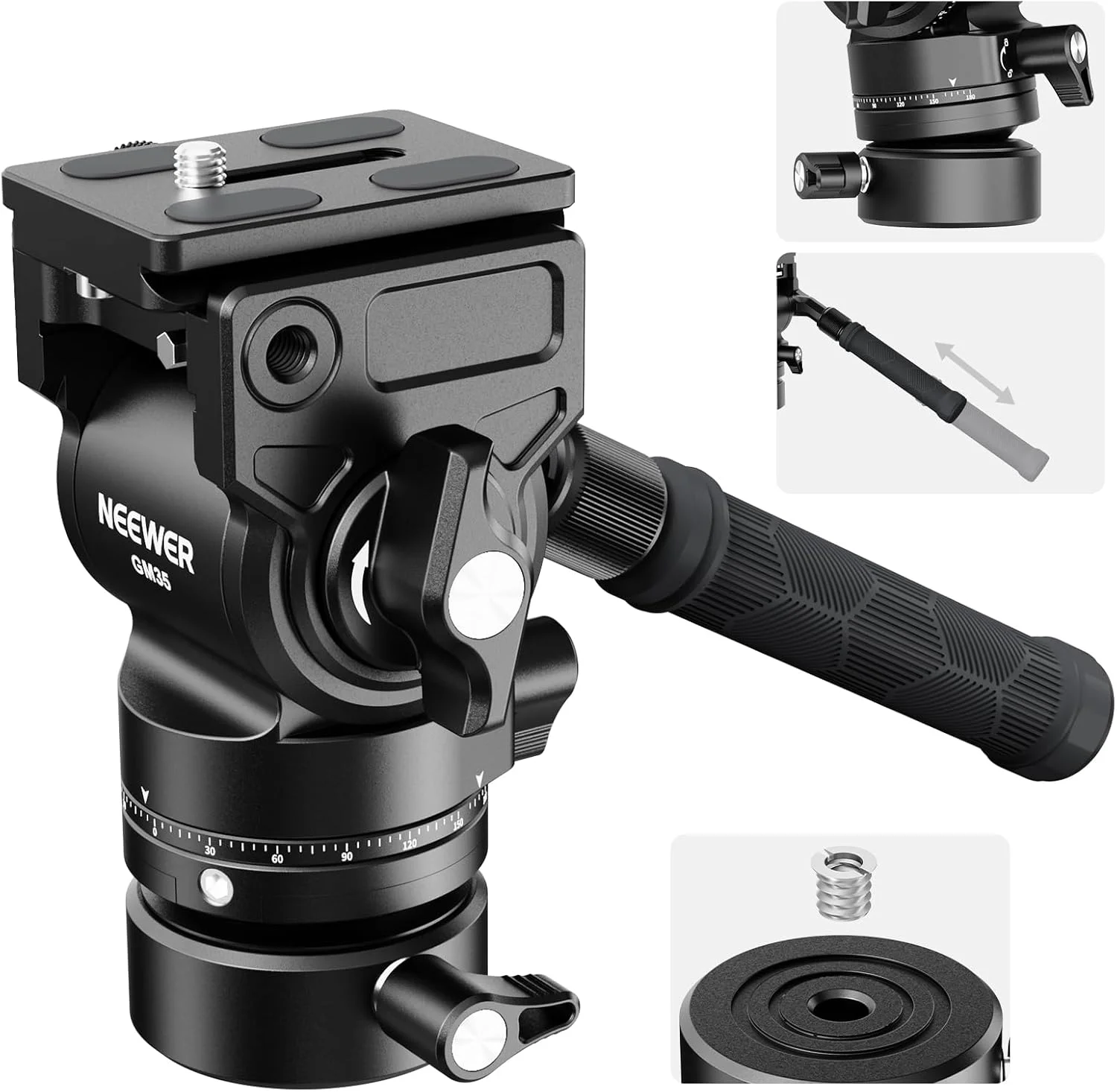 سر سه پایه مایع NEEWER با پایه تراز ±7 درجه (φ48mm)، نگهدارنده سر فلزی کوچک پان شیب دار با صفحه QR نوع Ark، دسته تلسکوپی برای دوربین فیلمبرداری DSLR، GM35