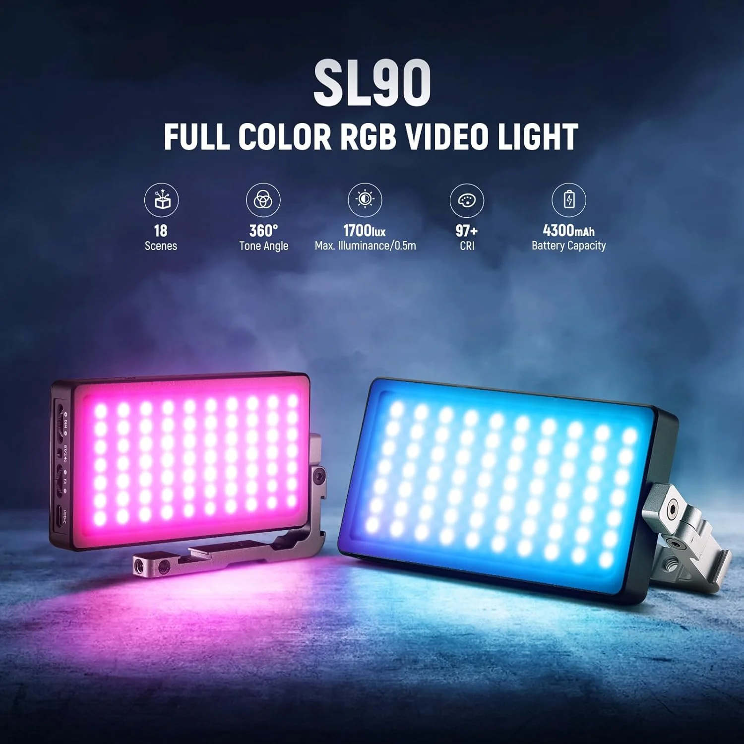 نور ویدئویی RGB نیور 12 وات، پنل LED برای استریمینگ، سلفی، 2500K-10000K CRI97+، کنترل از طریق اپلیکیشن/2.4G، باتری 4300mAh، پایه رومیزی برای ولاگ، ضبط ویدئو، پادکست، SL90