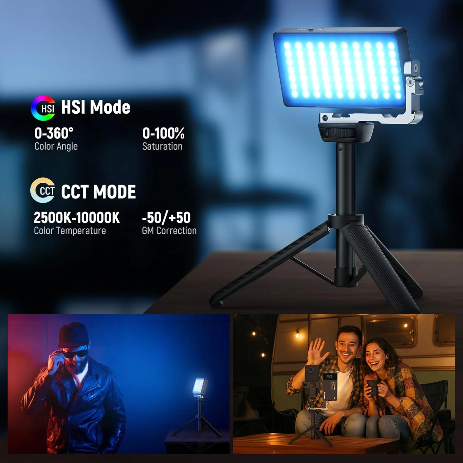 نور ویدئویی RGB نیور 12 وات، پنل LED برای استریمینگ، سلفی، 2500K-10000K CRI97+، کنترل از طریق اپلیکیشن/2.4G، باتری 4300mAh، پایه رومیزی برای ولاگ، ضبط ویدئو، پادکست، SL90