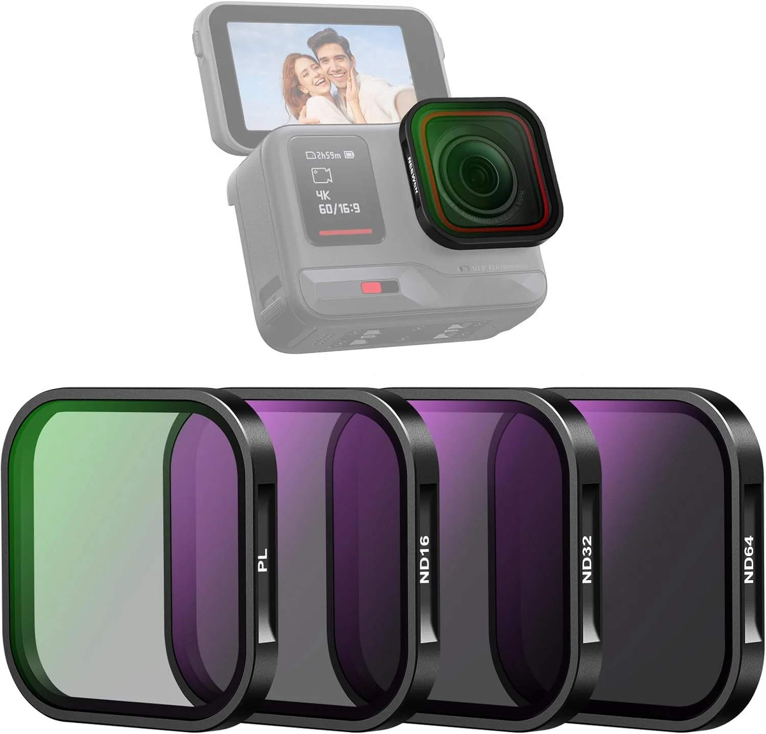 مجموعه فیلتر ND و CPL نیوئر سازگار با Insta360 Ace Pro، شامل فیلترهای ND16 ND32 ND64 CPL (چهار عدد) لوازم جانبی دوربین اکشن، فیلترهای پلاریزه با شیشه اپتیکال چند لایه و فریم آلومینیومی باریک