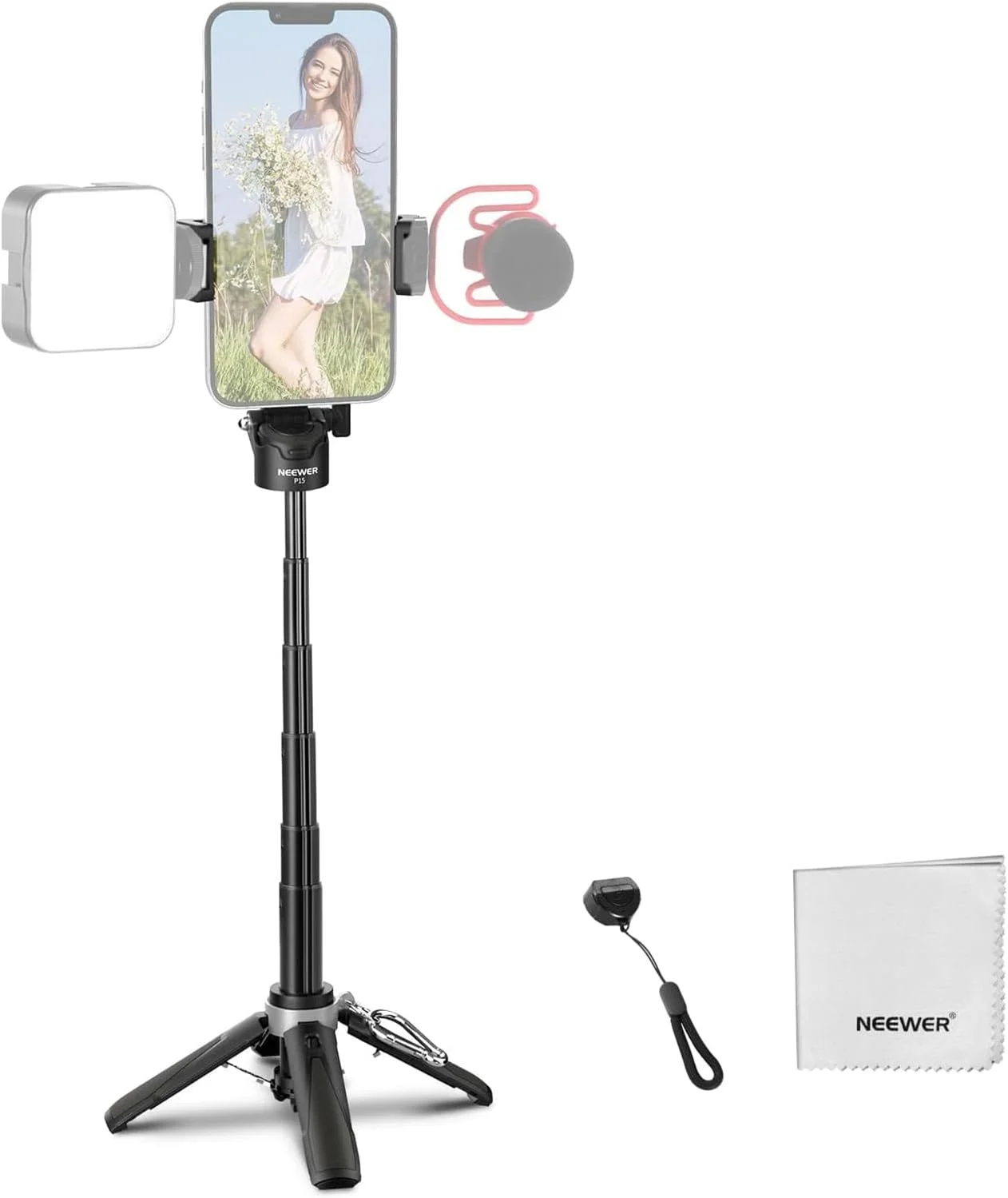 پایه سلفی سه پایه NEEWER برای آیفون، پایه رومیزی کوچک مسافرتی با قابلیت چرخش 360 درجه، سبک و تاشو با هولدر گوشی دارای کفشک سرد برای پخش زنده ویدیو، شاتر از راه دور و پارچه تمیز کننده، P15 مشکی