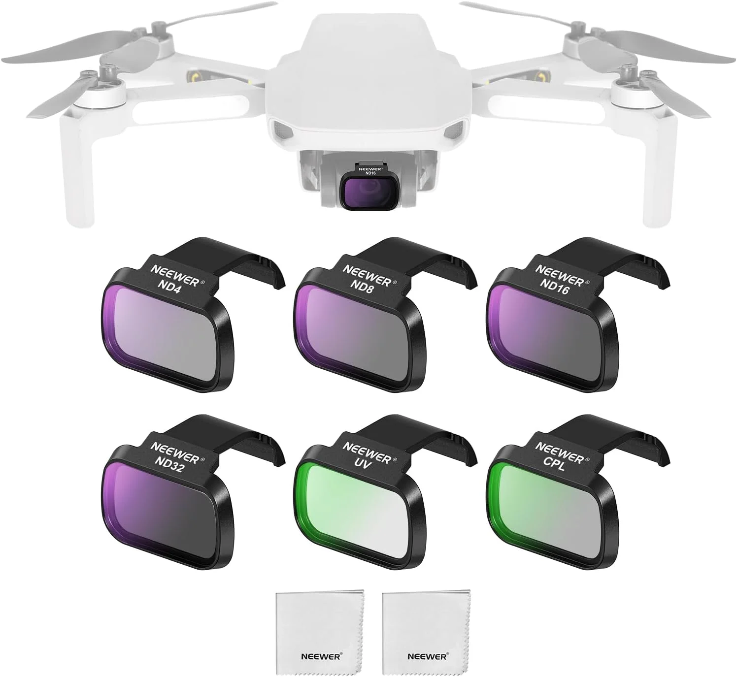 مجموعه فیلتر ND نیور سازگار با DJI Mini 4K/2 SE/SE/2/Mavic Mini (بسته 6 عددی)، فیلترهای ND4/8/16/32 CPL UV چند لایه HD از جنس شیشه اپتیکال، لوازم جانبی پهپاد، 2 عدد دستمال تمیز کننده، FL-B31