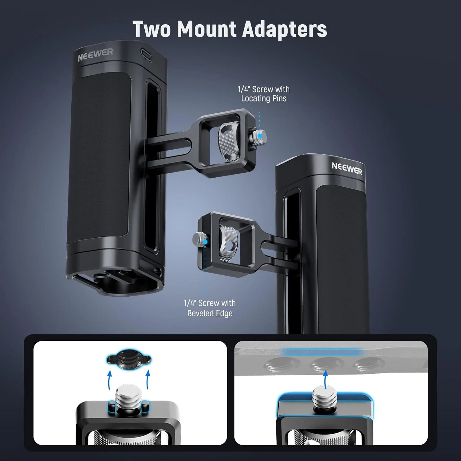 دسته جانبی NEEWER با دکمه کنترل از راه دور بی سیم برای قفس تلفن هوشمند، 2 آداپتور نصب با پیچ های 1/4 اینچی و پین های مکان یابی، سازگار با قفس های SmallRig، PA005E