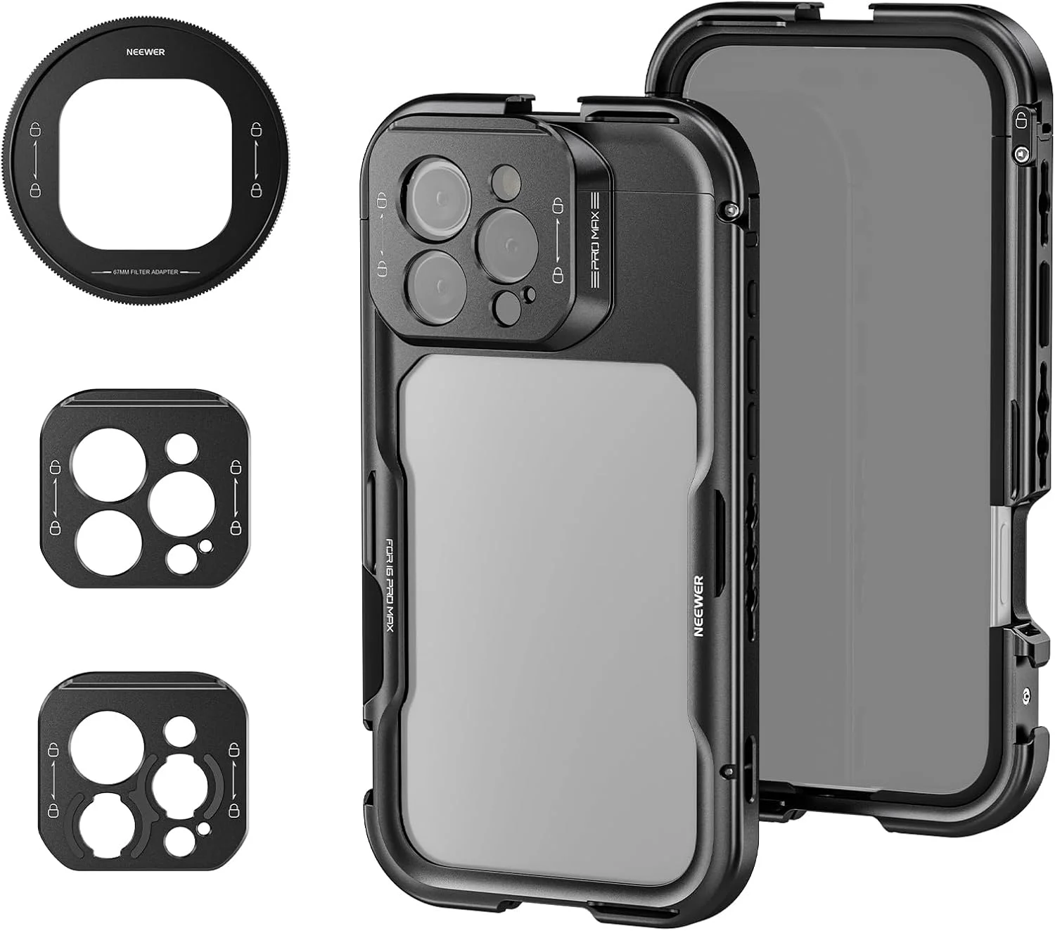نگهدارنده حرفه‌ای NEEWER 16 Pro Max، تثبیت‌کننده سریع رهاسازی ویدیو سازگار با iPhone 16 Pro Max با آداپتور فیلتر 67 میلی‌متری، صفحه پشتی لنز 17 میلی‌متری، آداپتور لنز T سازگار با Moment، PA074