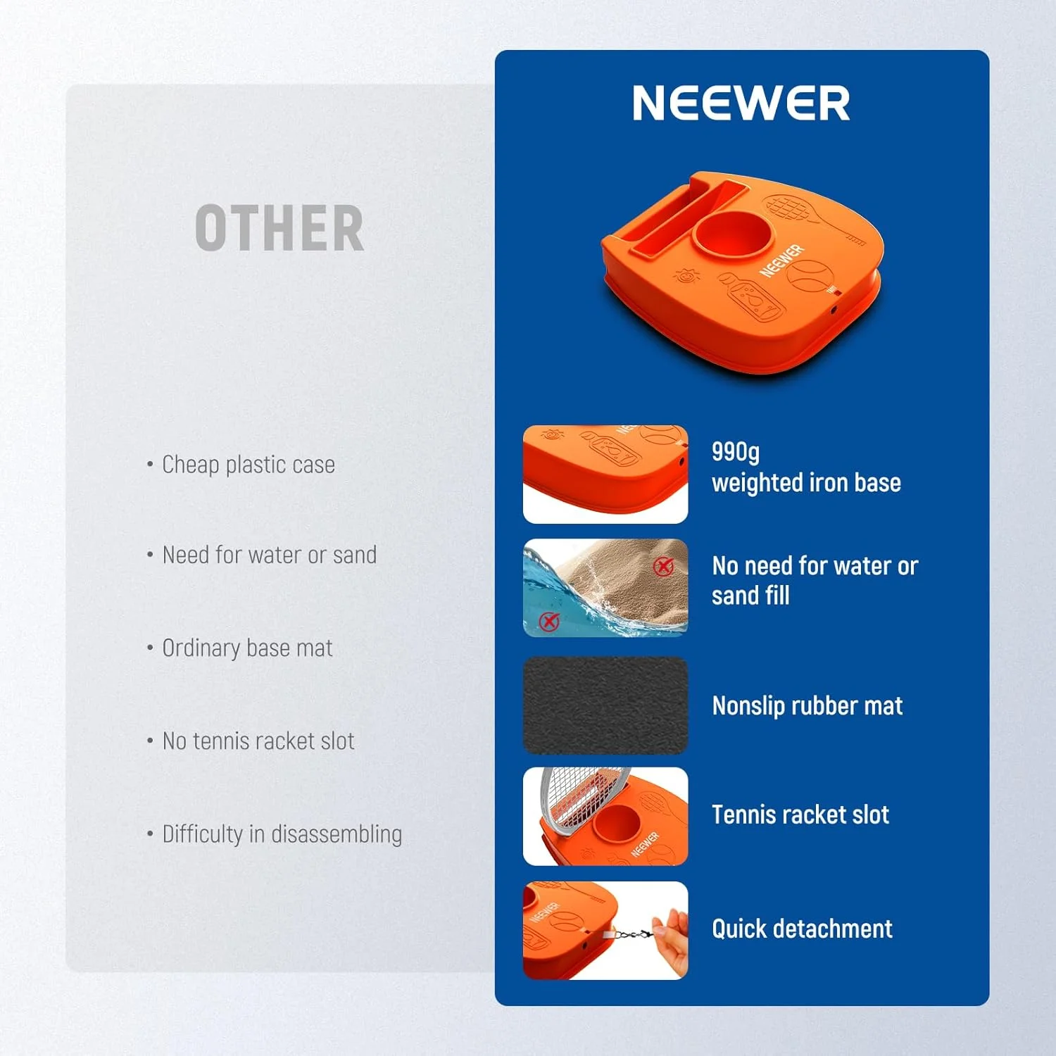مجموعه توپ و پایه تمرین تنیس انفرادی قابل حمل NEEWER با پایه آهنی سنگین ضد لغزش، نگهدارنده راکت، 3 عدد توپ تنیس با سیم کشی الاستیک، ریباندر تمرین شخصی برای بزرگسالان، کودکان و مبتدیان، TB01Z
