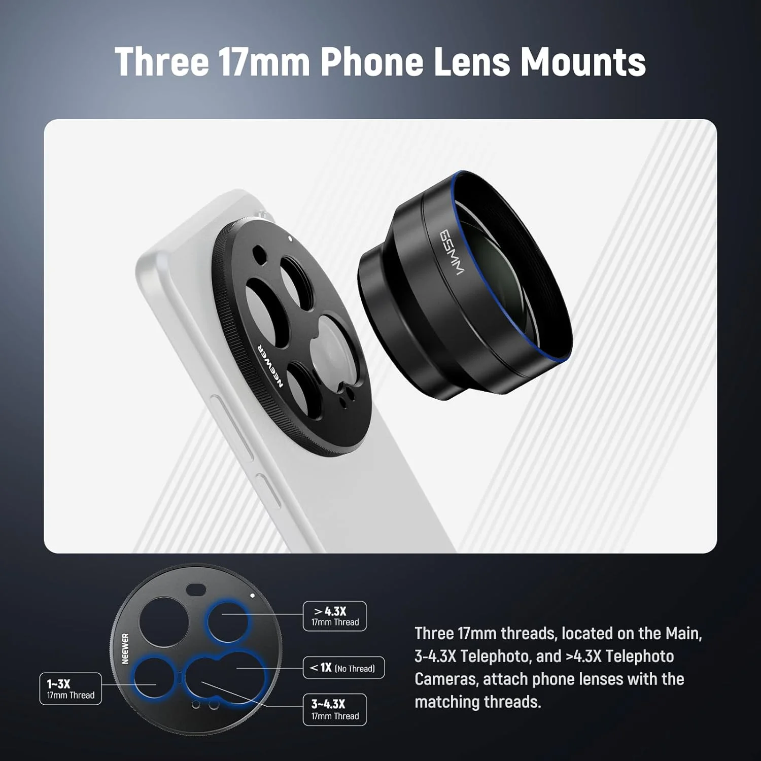 پلیت پشتی لنز 15 Ultra نیوئر، آداپتور نگهدارنده لنز تلفن با رزوه 17 میلی متری آلیاژ آلومینیوم برای دوربین های اصلی و تله فوتو، سازگار با قاب اصلی گوشی Xiaomi 15 Ultra، PA111 (مشکی)