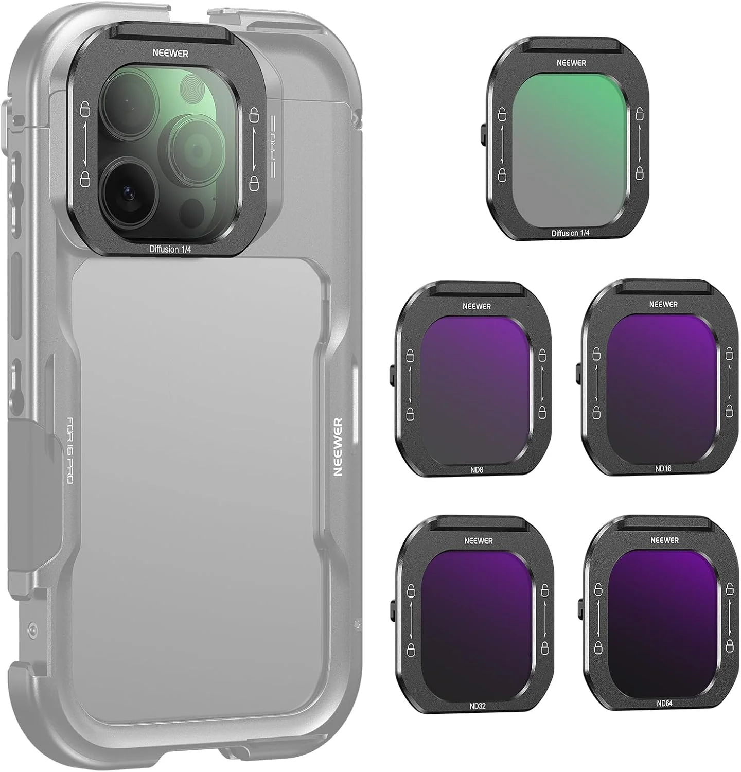 مجموعه فیلتر لنز تلفن NEEWER (5 عددی)، مشکی Pro Mist Diffusion 1/4/ND8/ND16/ND32/ND64 با رهاسازی سریع شیشه اپتیکال HD سازگار فقط با قفس تلفن آیفون 16 پرو (PA073) و 16 پرو مکس (PA074)