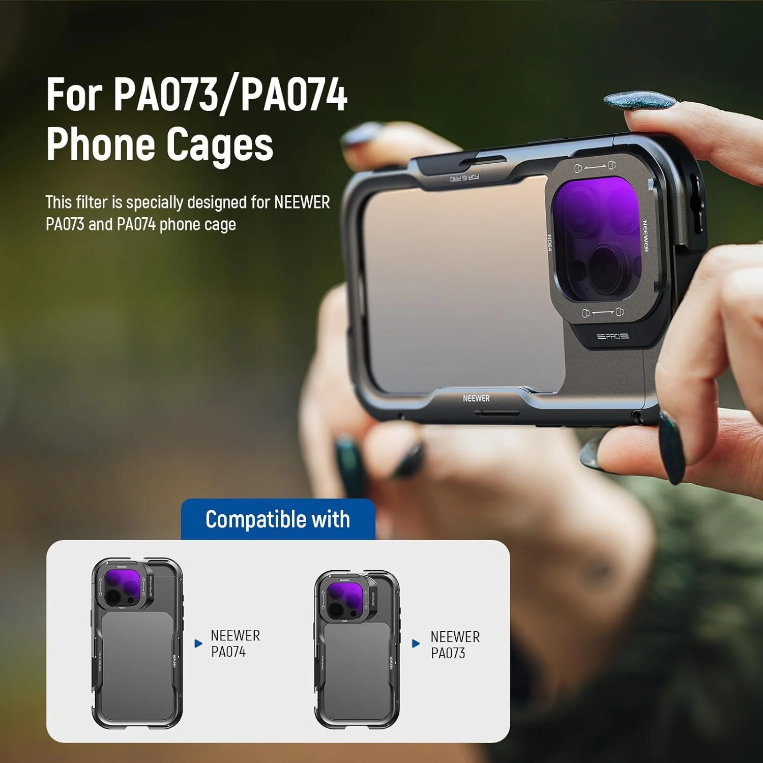 مجموعه فیلتر لنز تلفن NEEWER (5 عددی)، مشکی Pro Mist Diffusion 1/4/ND8/ND16/ND32/ND64 با رهاسازی سریع شیشه اپتیکال HD سازگار فقط با قفس تلفن آیفون 16 پرو (PA073) و 16 پرو مکس (PA074)