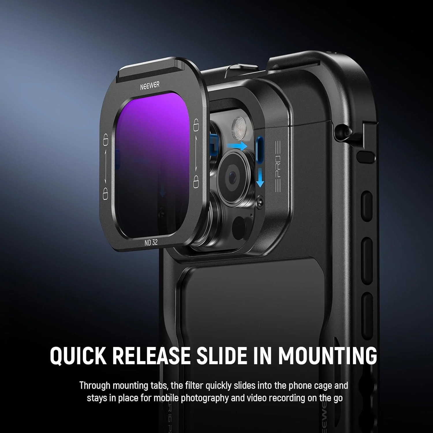 مجموعه فیلتر لنز تلفن NEEWER (5 عددی)، مشکی Pro Mist Diffusion 1/4/ND8/ND16/ND32/ND64 با رهاسازی سریع شیشه اپتیکال HD سازگار فقط با قفس تلفن آیفون 16 پرو (PA073) و 16 پرو مکس (PA074)