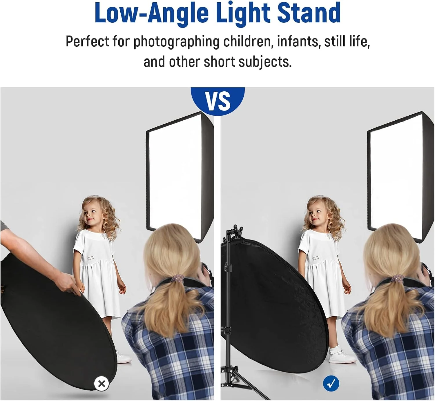 بازتابنده نور 110 سانتی‌متری نیور با گیره فلزی و پایه، بازتابنده گرد تاشو 5 در 1 - شفاف، نقره‌ای، طلایی، سفید و مشکی برای عکاسی استودیویی کودکان با زاویه کم، نورپردازی فضای باز