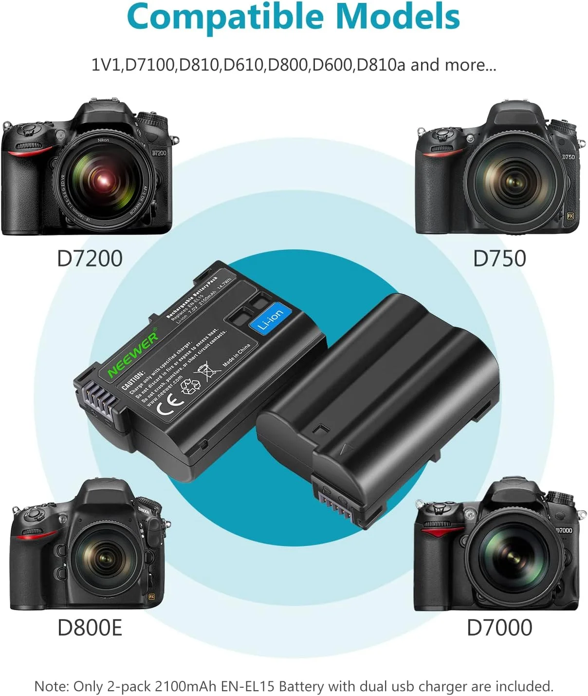 کیت شارژر باتری NEEWER EN-EL15 سازگار با Nikon Z5, Z6, Z6 II, Z7, Z7II, D780, D850, D7500, 1V1, D500, D750, D800, D7000, D7100, D7200 (2 عدد، 2100 میلی آمپر ساعت). کیت شارژر باتری NEEWER EN-EL15 سازگار با Nikon Z5, Z6, Z6 II, Z7, Z7II, D780, D850, D7500, 1V1, D500, D750, D800, D7000, D7100, D7200 (2 عدد، 2100 میلی آمپر ساعت).