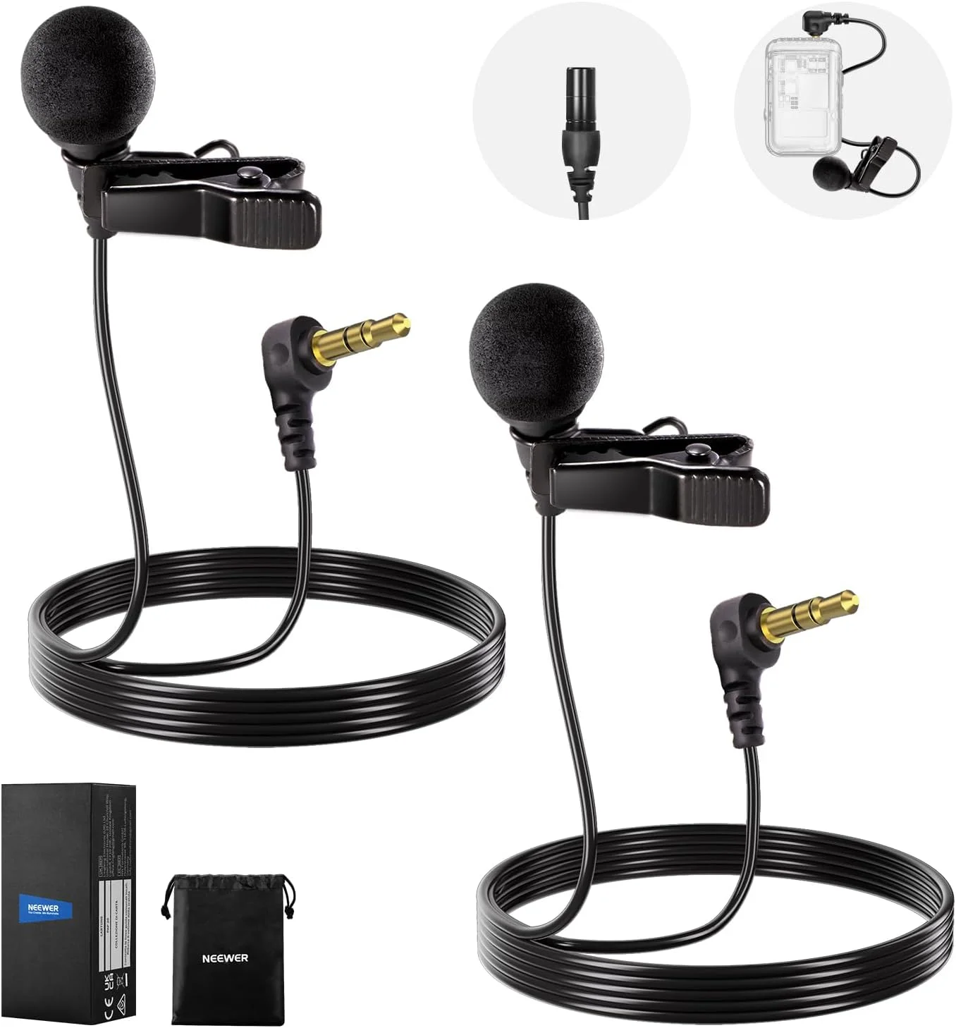 میکروفون یقه‌ای مینیاتوری NEEWER ø4mm (بسته 2 عددی)، میکروفون کندانسور سیم‌دار یقه‌ای با گیره و کانکتور 3.5 میلی‌متری TRS به طول 1.5 متر، سازگار با دوربین NEEWER CM28 CM31 و LM8