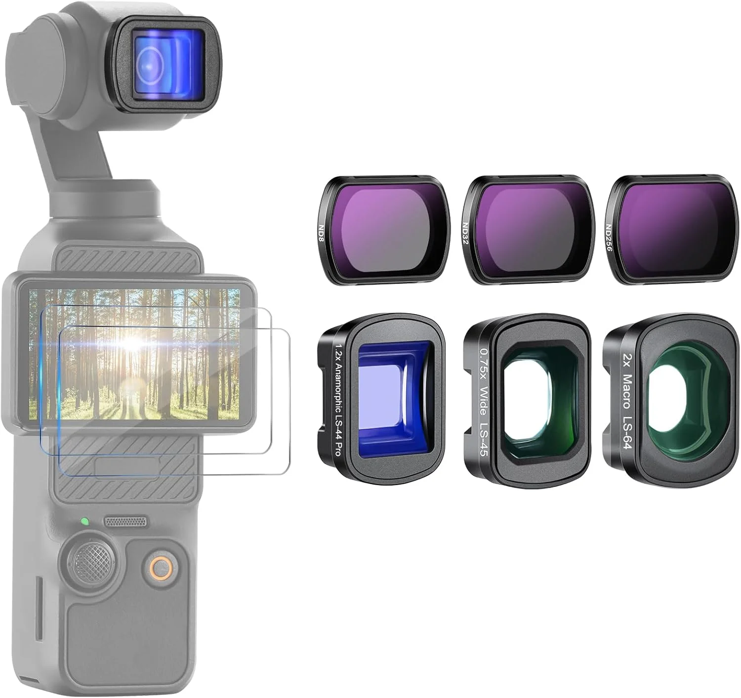 مجموعه 3 عددی فیلتر ND نیور (فیلتر چگالی خنثی ND8 ND32 ND256) با لنز زاویه باز 0.75X، لنز ماکرو 2x، لنز آنامورفیک آبی 1.2x، سازگار با DJI Osmo Pocket 3 Creator Combo