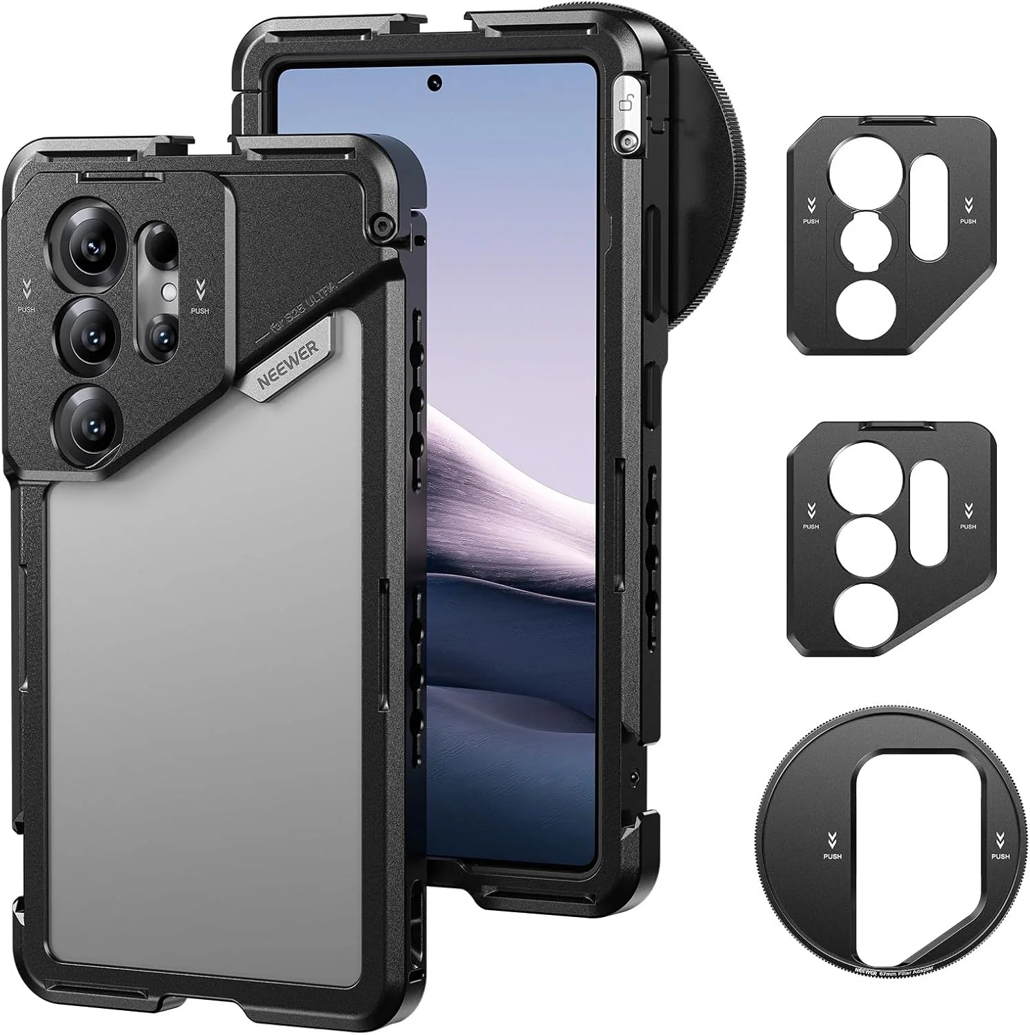 محافظ تلفن همراه NEEWER S25 Ultra، تثبیت کننده ویدئویی موبایل با آداپتور فیلتر 67 میلی متری، صفحه پشتی لنز 17 میلی متری، آداپتور لنز T Mount، سازگار با لنزهای سری Samsung Galaxy Moment T، PA082