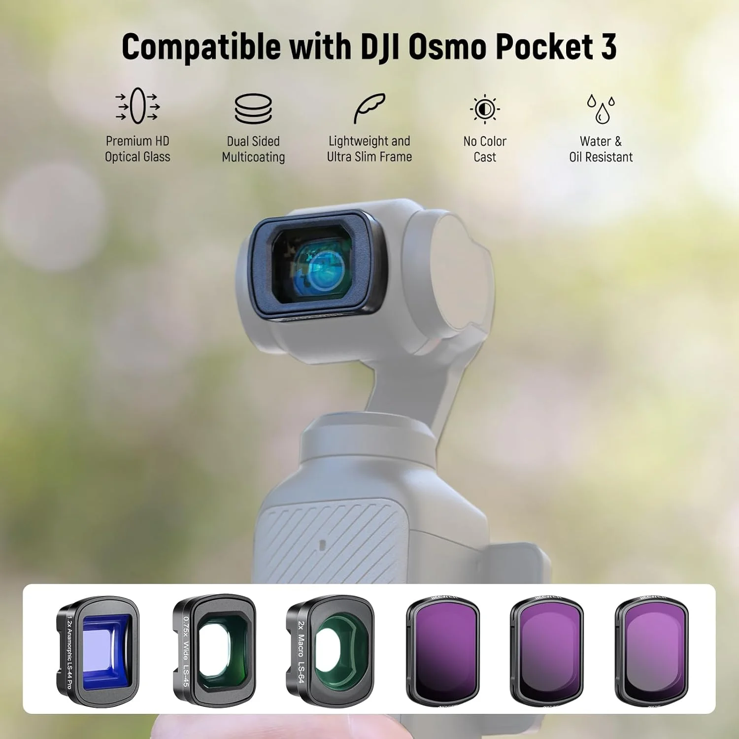 مجموعه 3 عددی فیلتر ND نیور (فیلتر چگالی خنثی ND8 ND32 ND256) با لنز زاویه باز 0.75X، لنز ماکرو 2x، لنز آنامورفیک آبی 1.2x، سازگار با DJI Osmo Pocket 3 Creator Combo