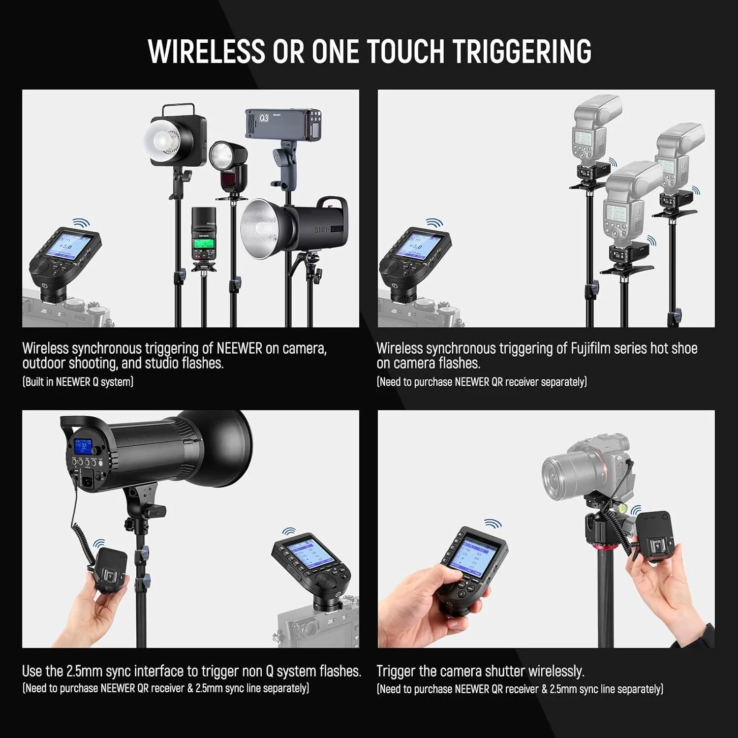 فلاش تریگر وایرلس TTL ارتقا یافته نیور QPRO-F سازگار با فوجی‌فیلم 1/8000s HSS صفحه نمایش بزرگ شیب دار 5 گروه 9 عملکرد قابل تنظیم برای Q4 Q3 Q300 Z2 Z1 Z760 NW760 S101-300W PRO/400W PRO