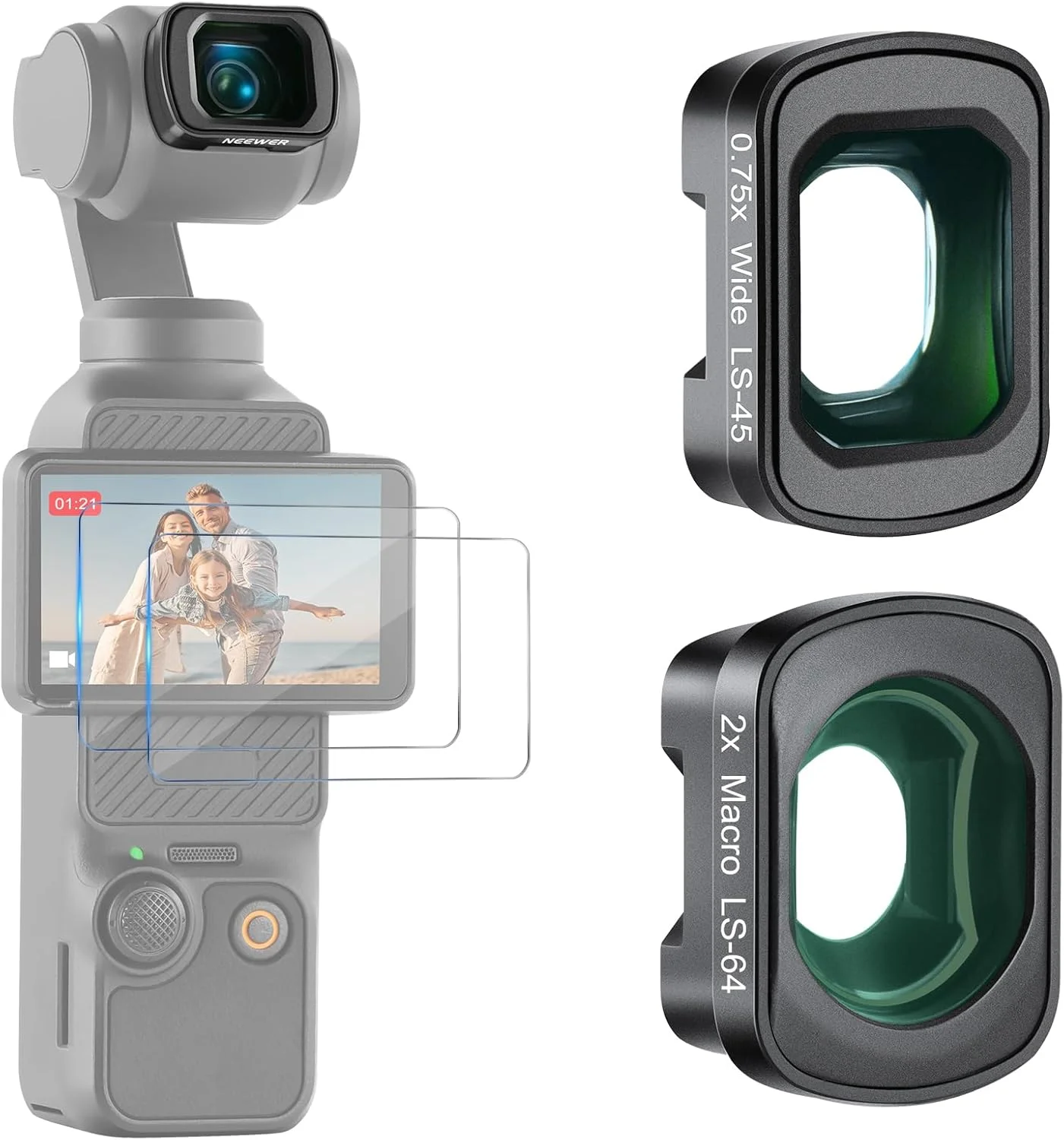 کیت لنز زاویه باز 0.75X و ماکرو 2X نیور سازگار با لوازم جانبی DJI Osmo Pocket 3 Creator Combo، میدان دید 108 درجه، کیت لنز ماکرو 3 المنت در 3 گروه به همراه دو محافظ صفحه نمایش، FL-B34