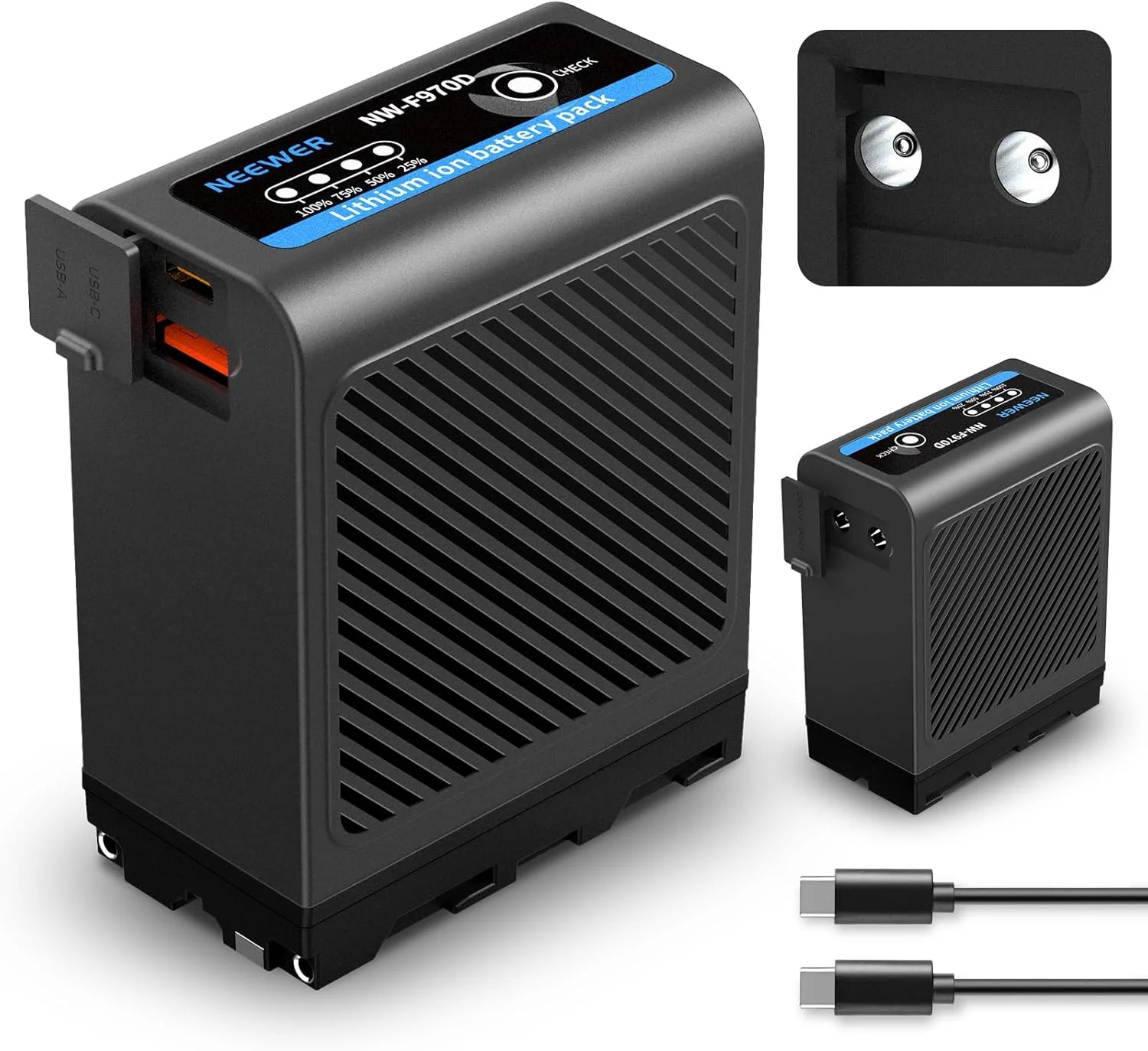 باتری جایگزین NEEWER NP-F970 با ظرفیت 10500mAh به همراه پورت‌های USB C، USB A و 2 پورت DC، شارژ سریع PD 30W، شارژ کامل در 4 ساعت، باتری نیرو جایگزین NP-F550 F750 F970 برای دوربین فیلمبرداری، نور ویدئو، مانیتور، NW-F970D