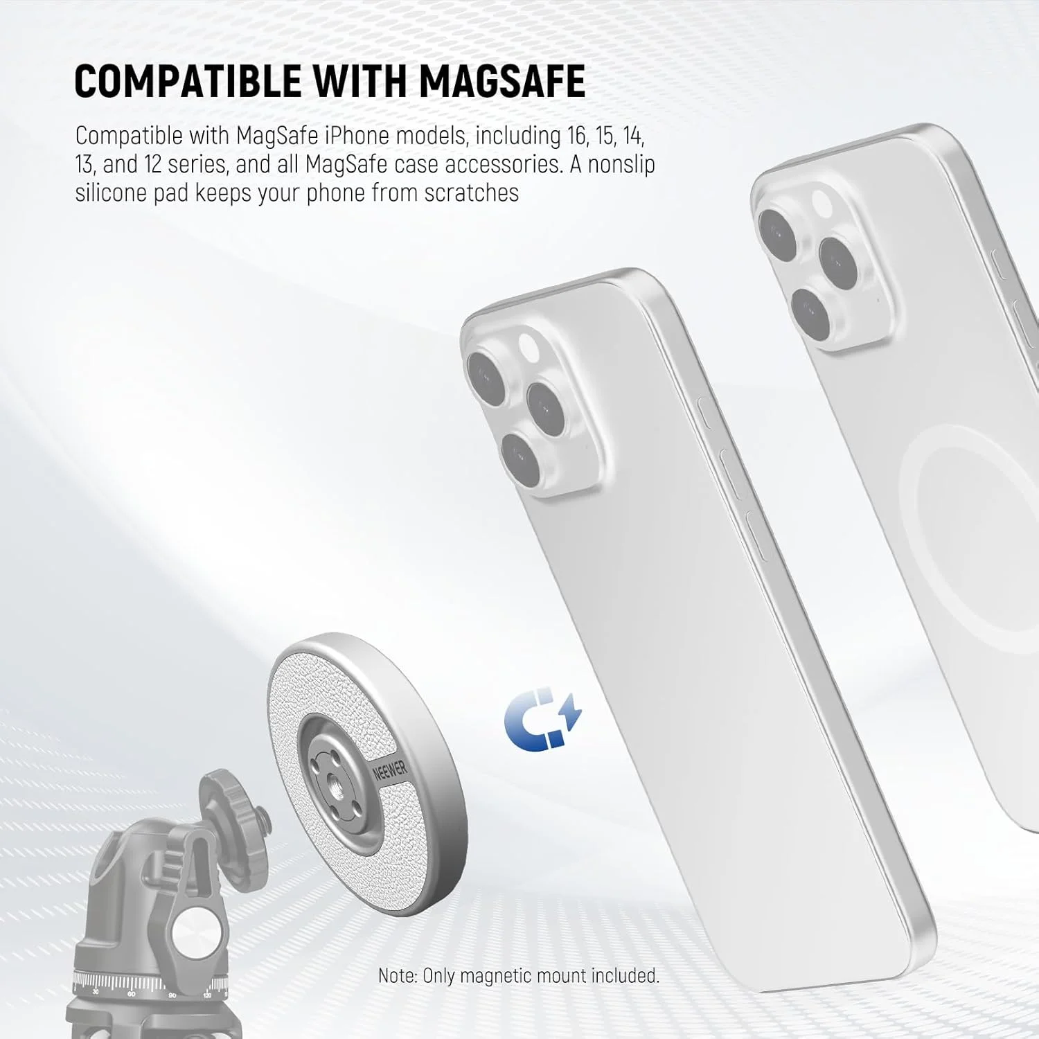 آداپتور پایه سه پایه مغناطیسی گوشی موبایل نیور با حلقه فلزی چسبی و رزوه ¼ اینچی، سازگار با آیفون 16 پرو مکس 15 14 13 12، هولدر سلفی استیک برای ضبط ویدیو، مدل PA080