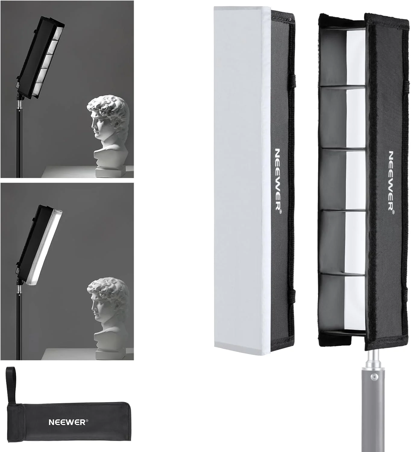 نرم باکس دیفیوزر توری NEEWER برای میله نور ال ای دی RGB1، نرم باکس نواری لانه زنبوری با دیفیوزر، کیف حمل، بست های چسبی برای عکس، فیلم، پخش زنده، پرتره، عکاسی محصول
