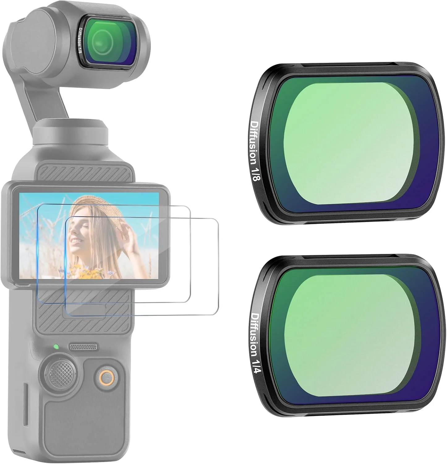 مجموعه فیلتر لنز پخش کننده مه سیاه مغناطیسی نیور (2 عددی) 1/4 و 1/8 سازگار با دوربین گیمبال DJI Osmo Pocket 3 به همراه محافظ صفحه نمایش شیشه ای تمپرد مدل FL-B11